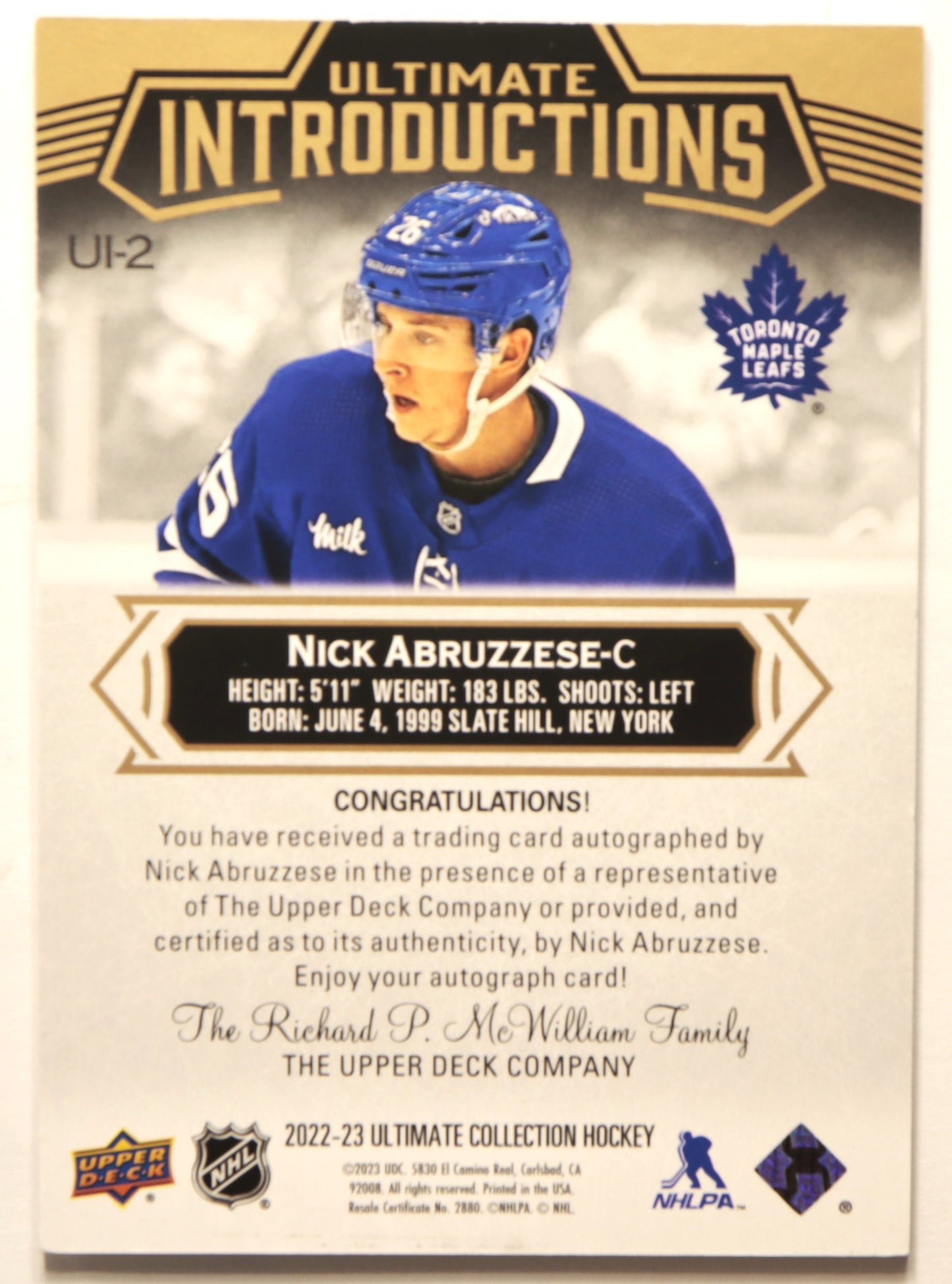 2022-23 Ultomate CollectionUltimate Introductions Auto Nick Abruzzese 50/50