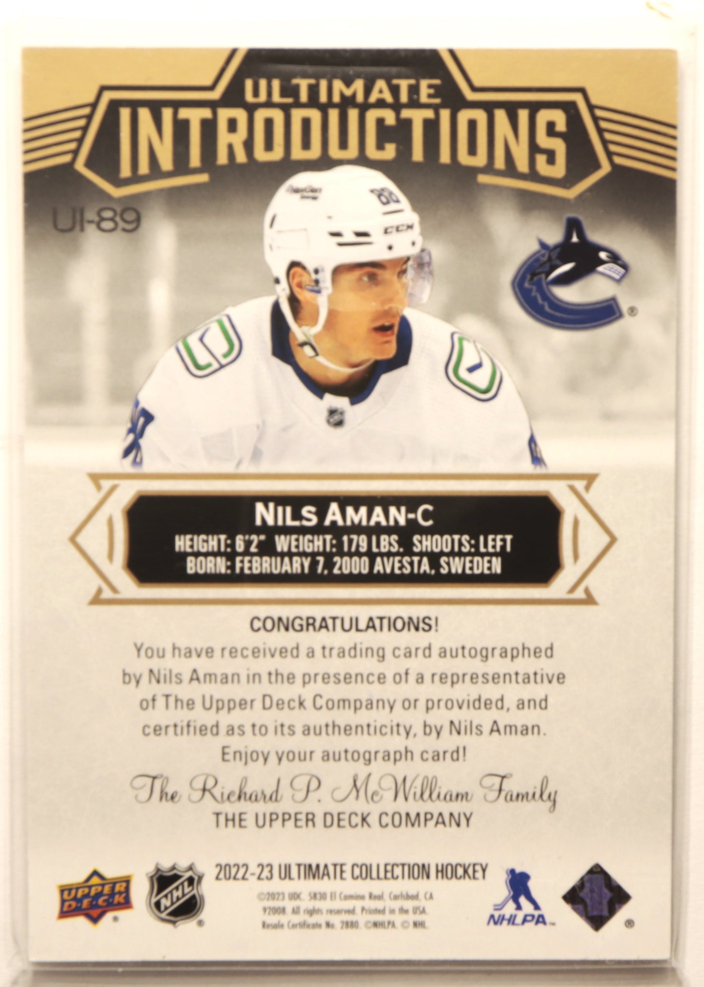 2022-23 Ultimate Collection Ultimate Introductions Auto UI-89 Nils Aman