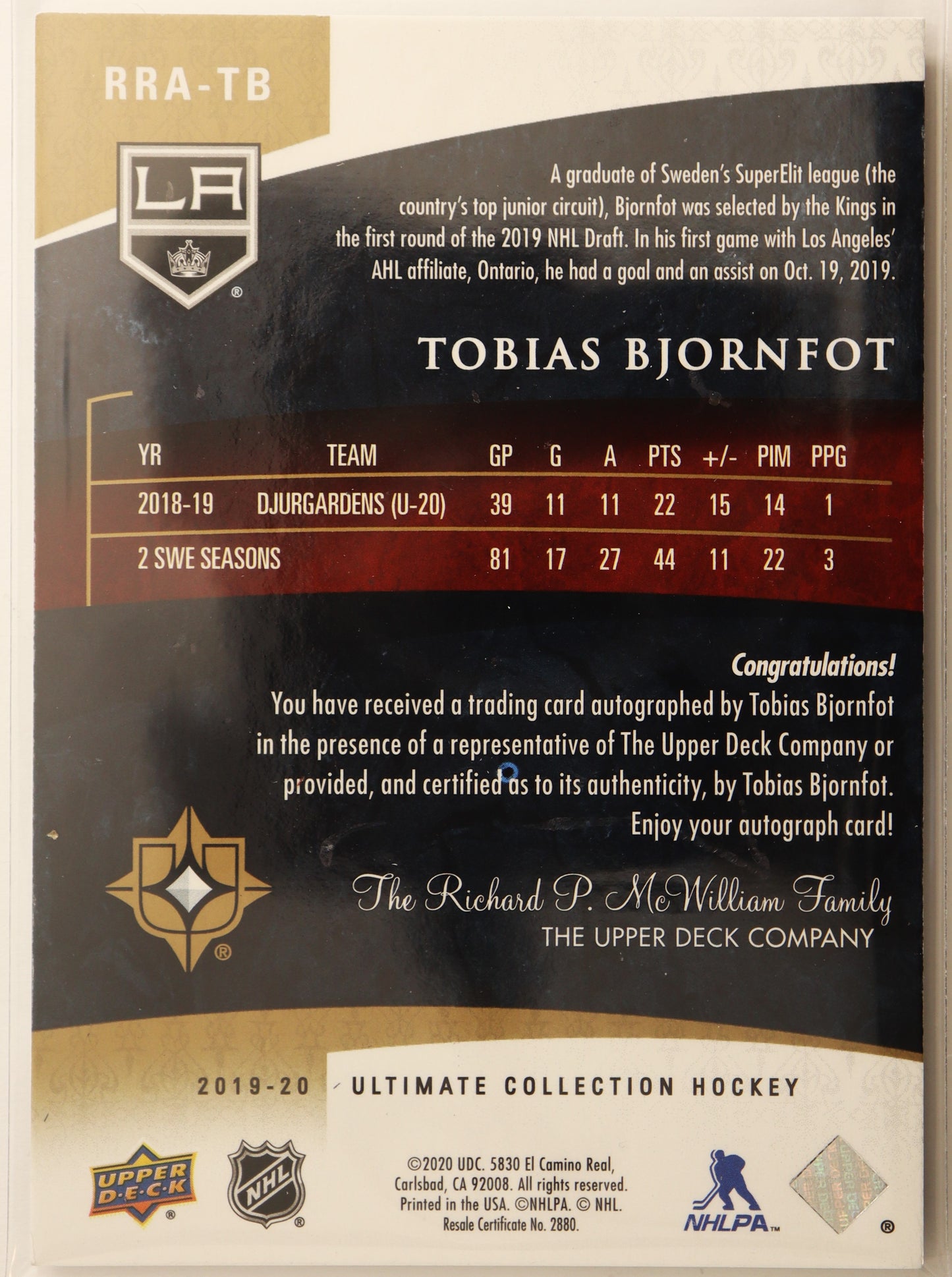 2019-20 Ultimate Collection Tobias Bjornfot Auto RRA-TB 219-225