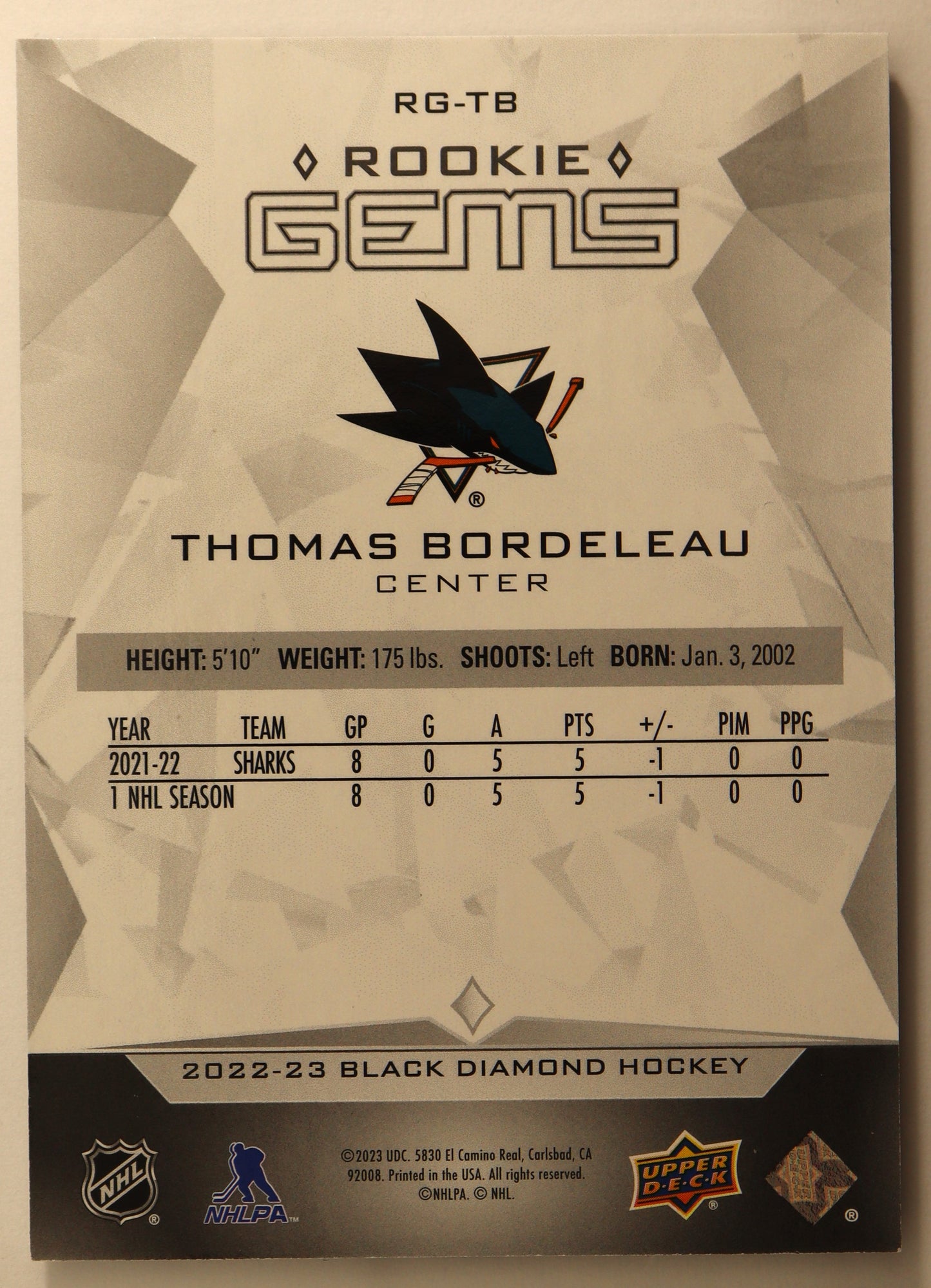 2022-23 Black Diamond Rookie Gems #RG-TB Thomas Bordeau 216/399