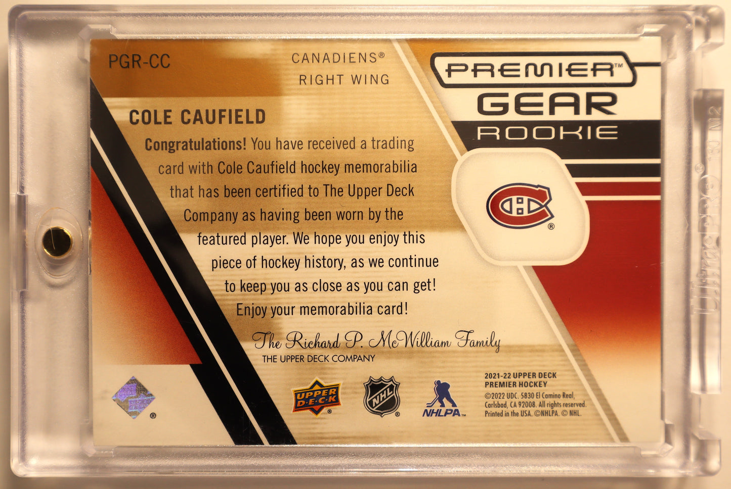 2021-22 Upper Deck Premier Premier Gear Rookie Jerseys Patch #PGRCC Cole Caufield 19/25