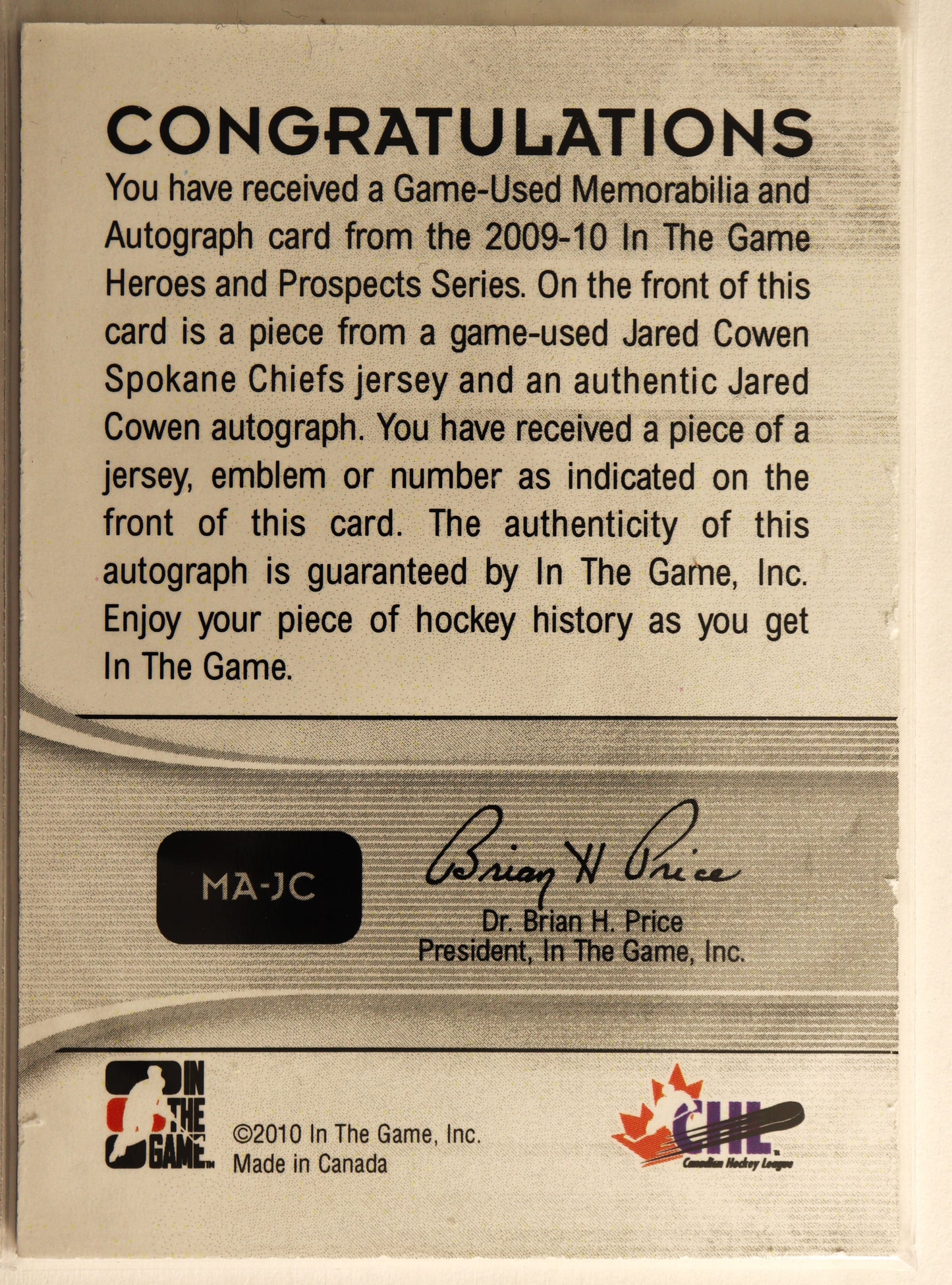 2009-10 ITG Heroes and Prospects Game Used Emblems Autographs Gold #MA-JC Jared Cowen