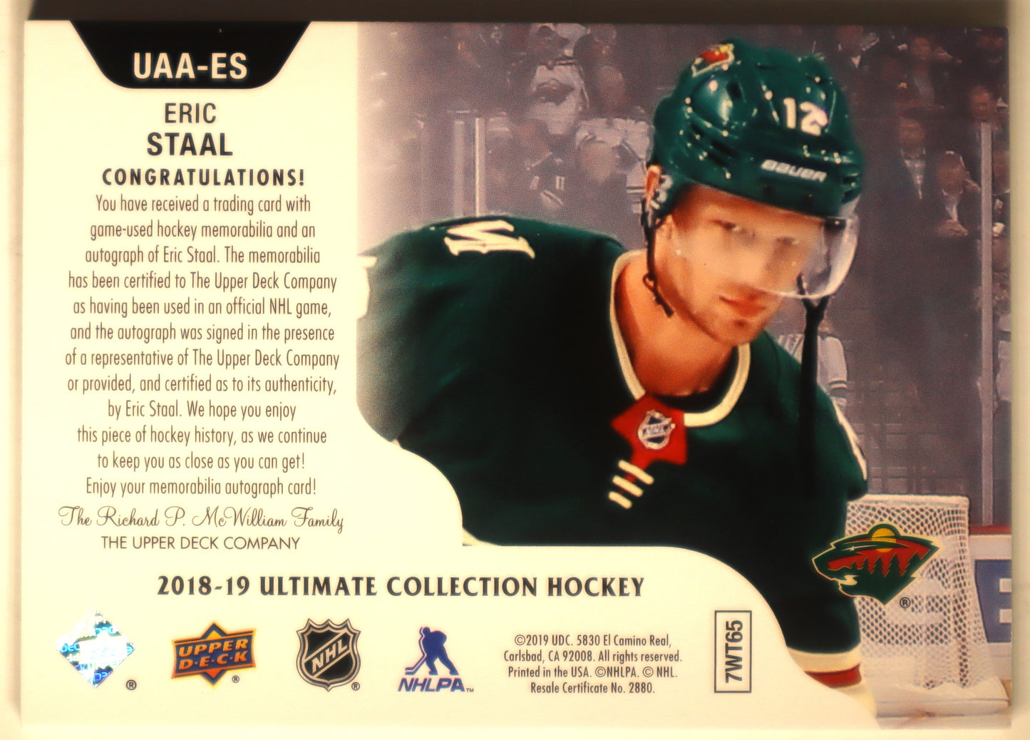 2018-19 Ultimate Collection Ultimate Access Material Autographs Premium Copper #UAAES 07/25 Eric Staal 07/25