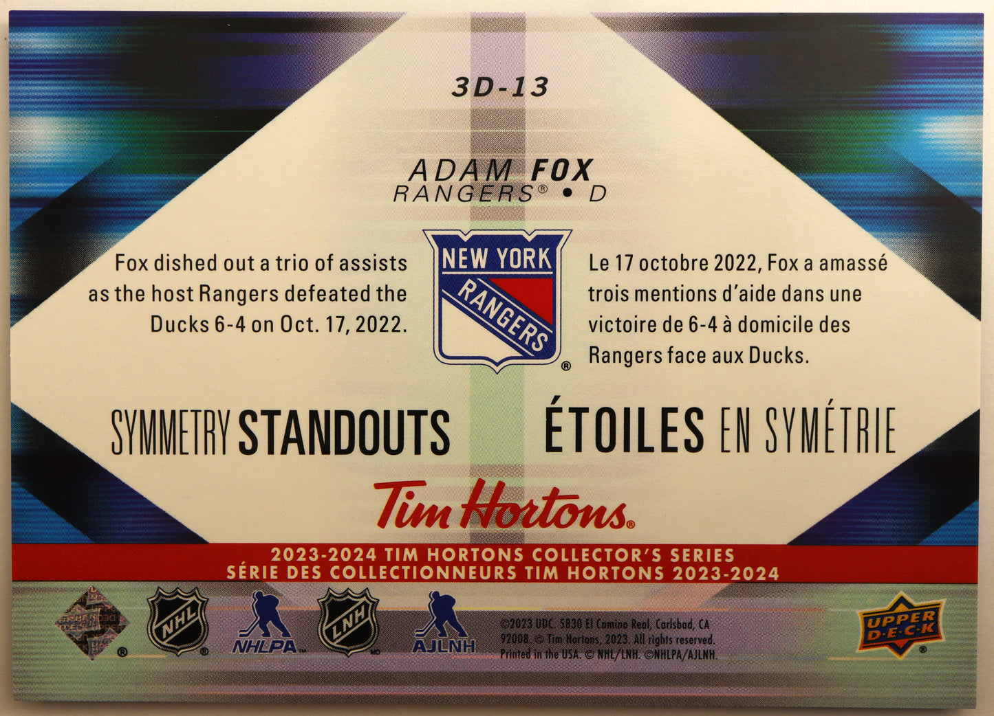 2023-24 Tim Horton's Collector's Series Symmetry Standouts 3D-13 Adam Fox