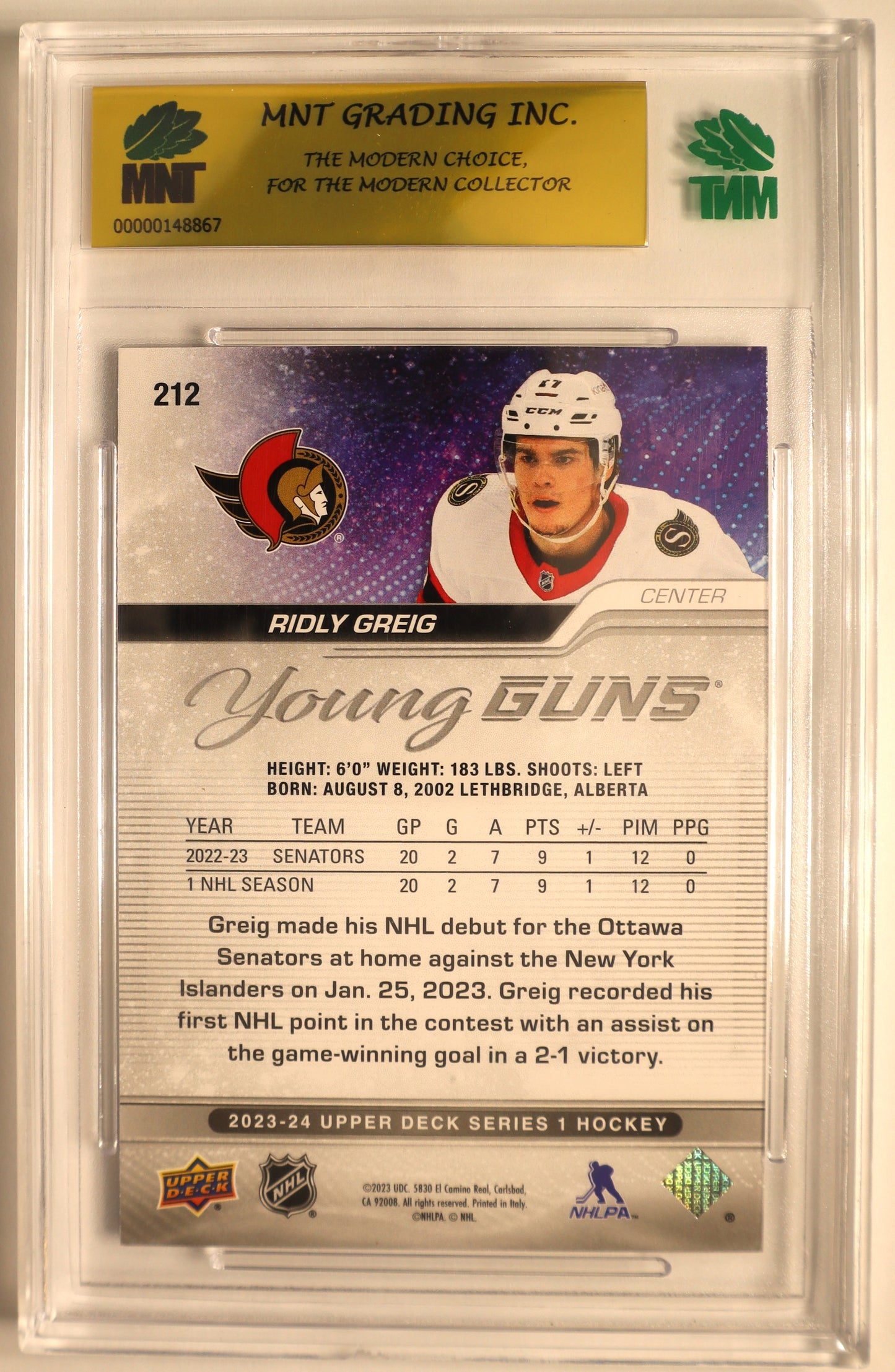 2023-24 UD Series 1 #212 Ridly Greig YG RC Grade 9.5 Gem Mint