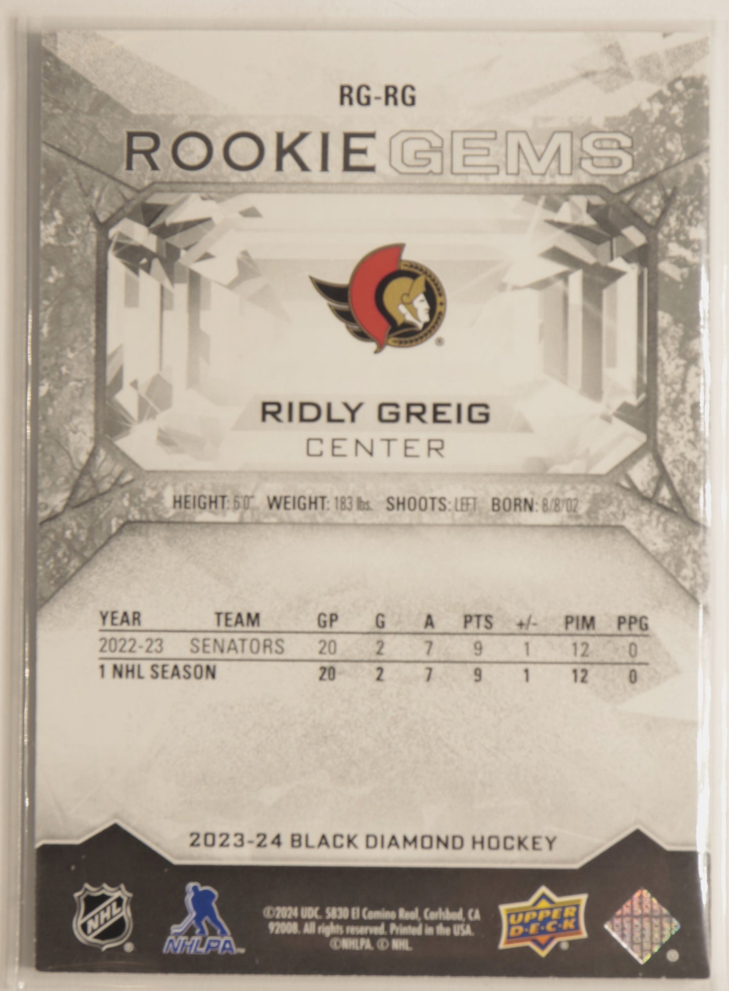 2023-24 Black Diamond Rookie Gems RG-RG Ridly Greig 257/399