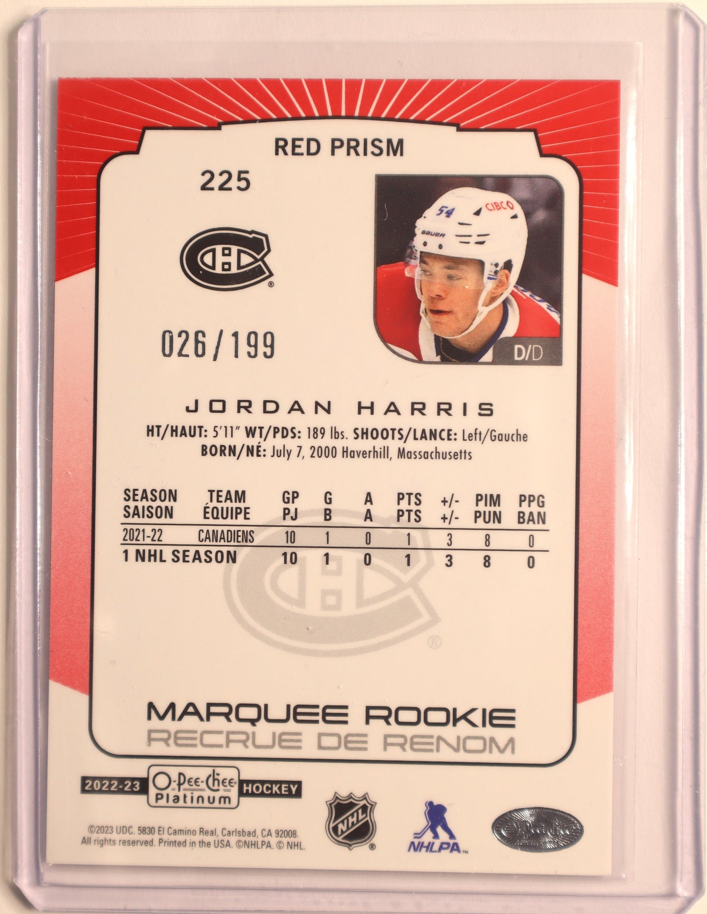 2022-23 O-Pee-Chee Platinum Red Prism #225 Jordan Harris 026/199 Canadiens