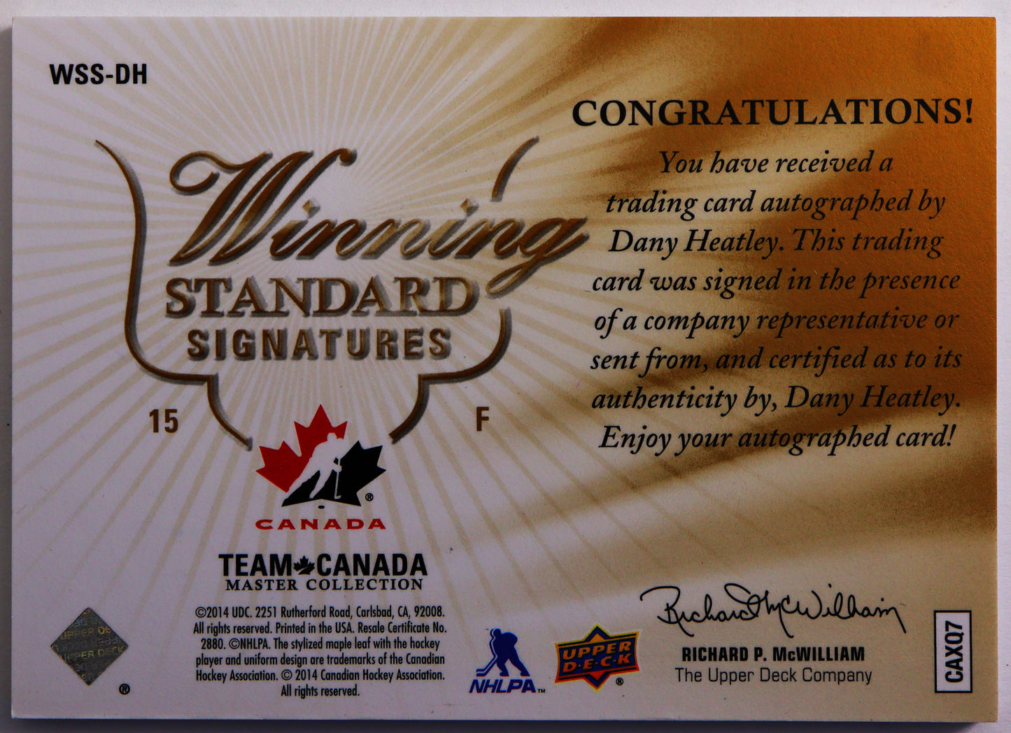 2015-16 Upper Deck Team Canada Master Collection Winning Standard Autographs #WSS-DH Dany Heatley19/25