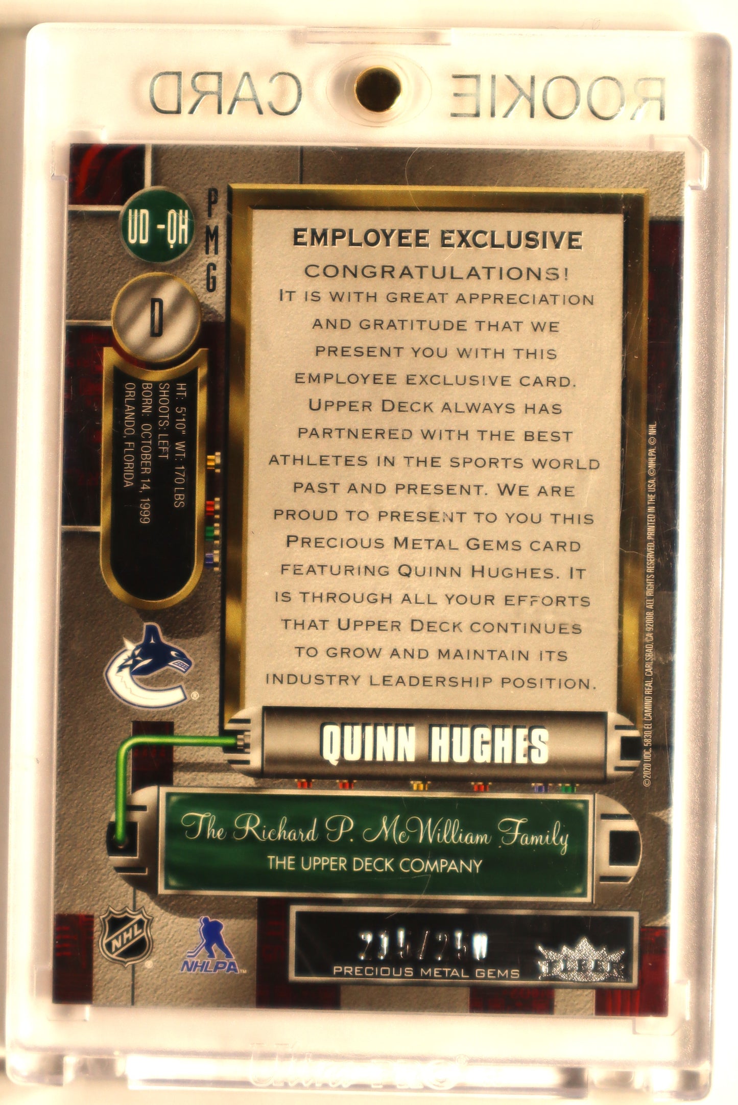 2019-20 Metal Universe Rookie PMG Employee Exclusive UD-QH Quinn Hughes 215/250