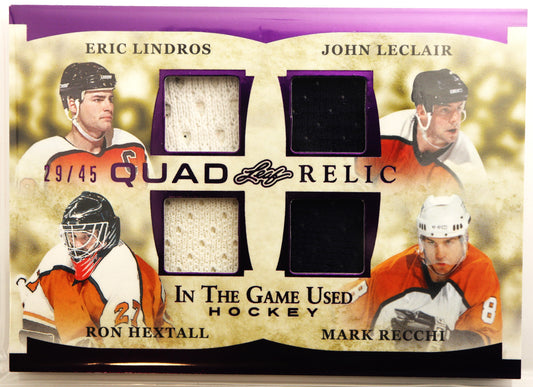 2023 Leaf ITG Used Hockey Quad Relic GQR-7 Eric Lindros/John LeClair/Ron Hextall/Mark Recchi 29/45