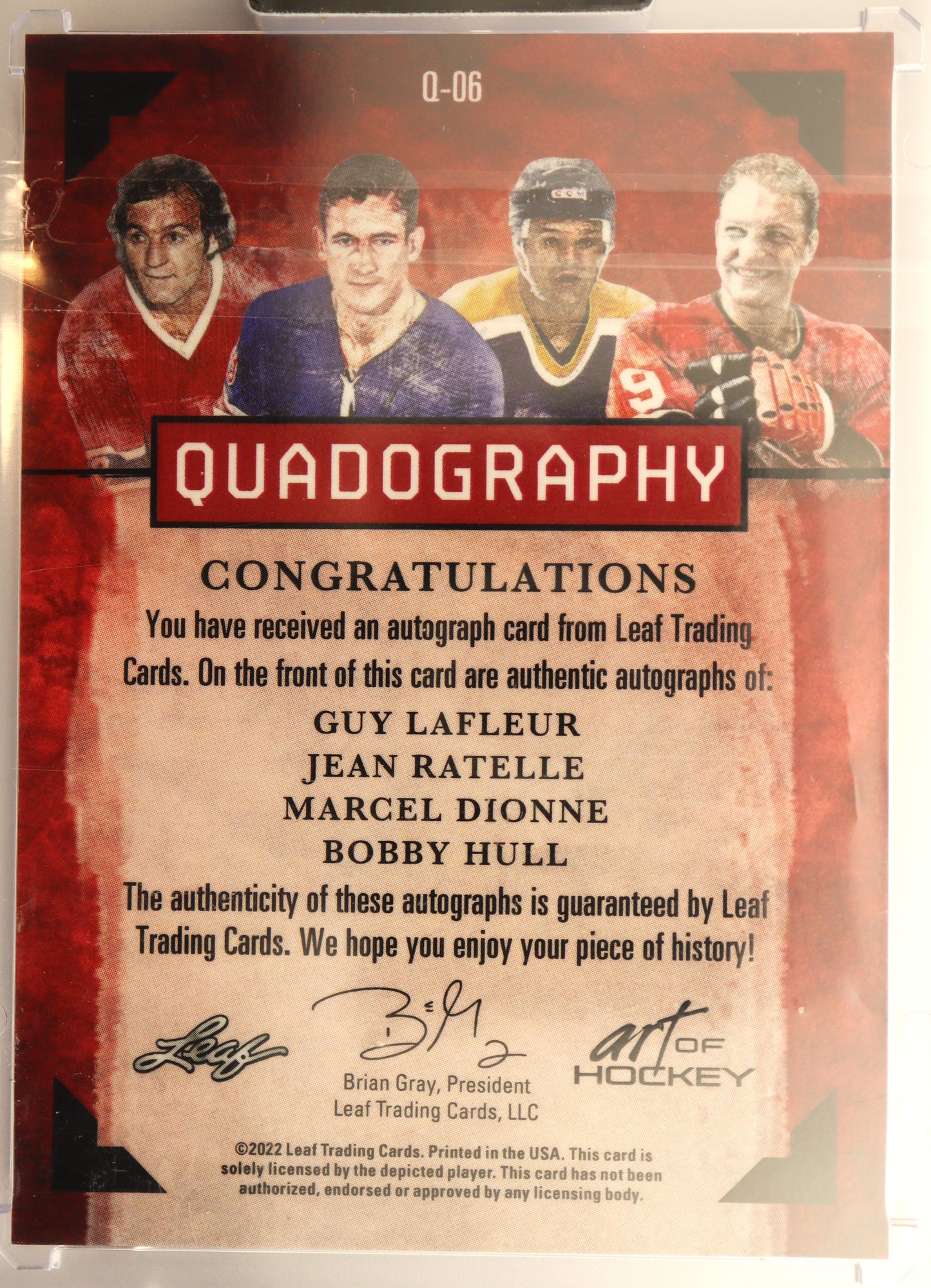 2022 Leaf In The Game Quadography Q-06  Guy Lafleur/Jean Ratelle/Marcel Dionne/Bobby Hull 6/6