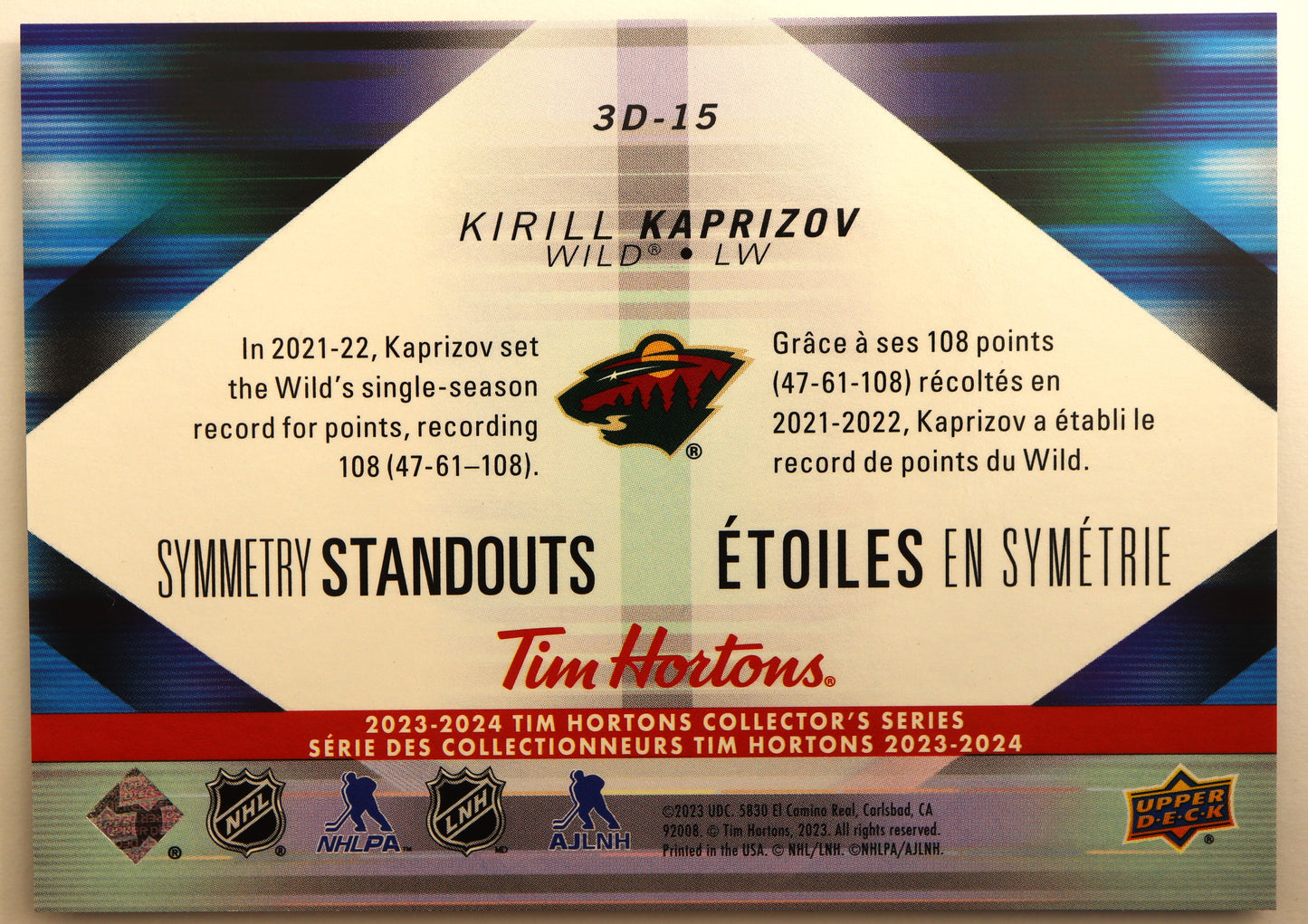 2023-24 Tim Horton's Collector's Series Symmetry Standouts 3D-15 Kirill Kaprizov