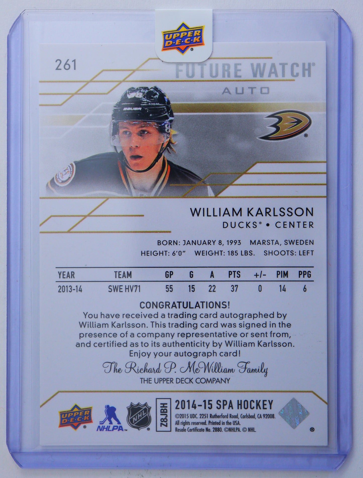 2014-15 SP Authentic #261 William Karlsson AU RC 946/999