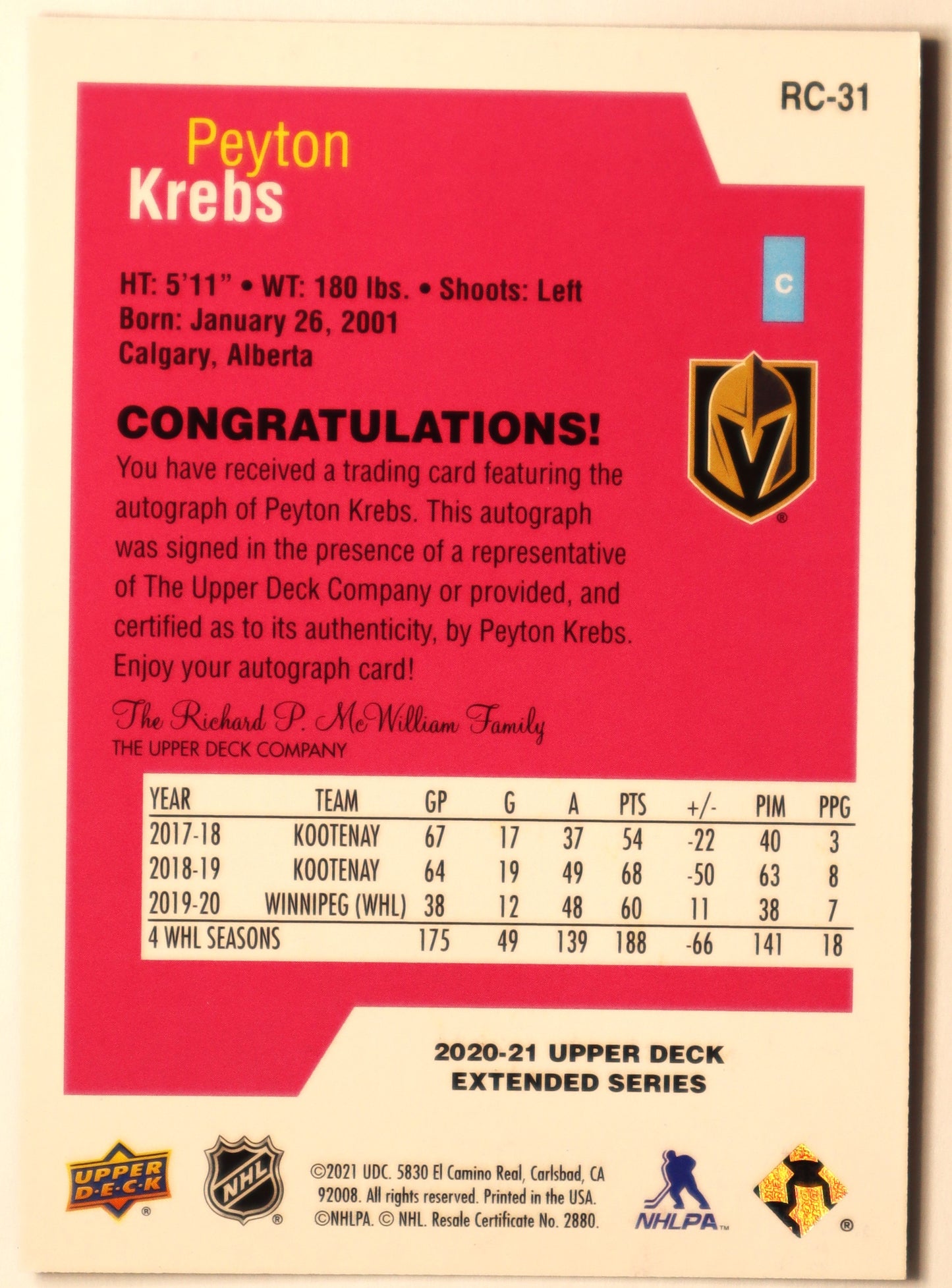 2020-21 UD Extended Rookie Class Auto RC-31 Peyton Krebs