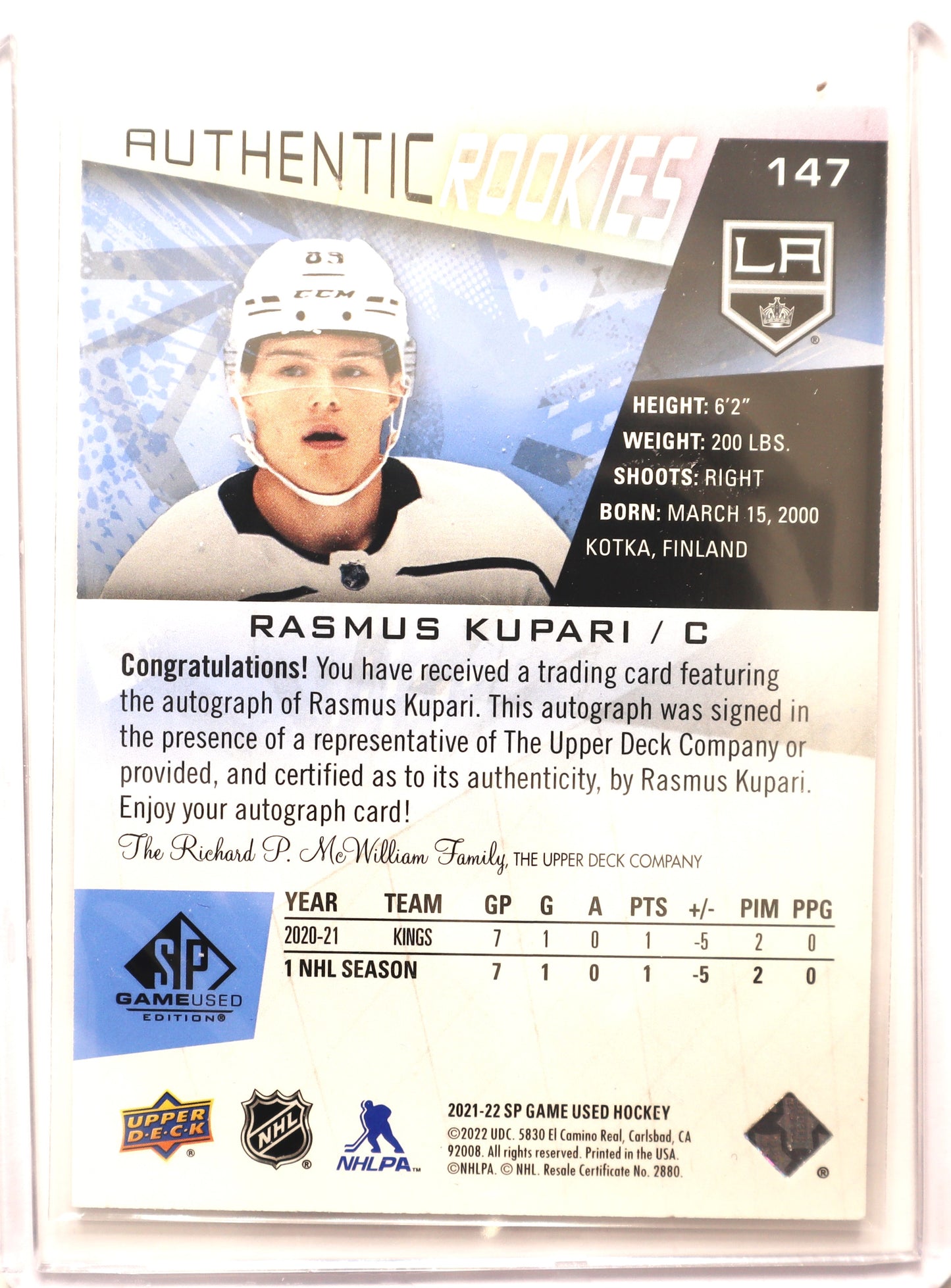 2021-22 SP Game Used Blue Autographs #147 Rasmus Kupari