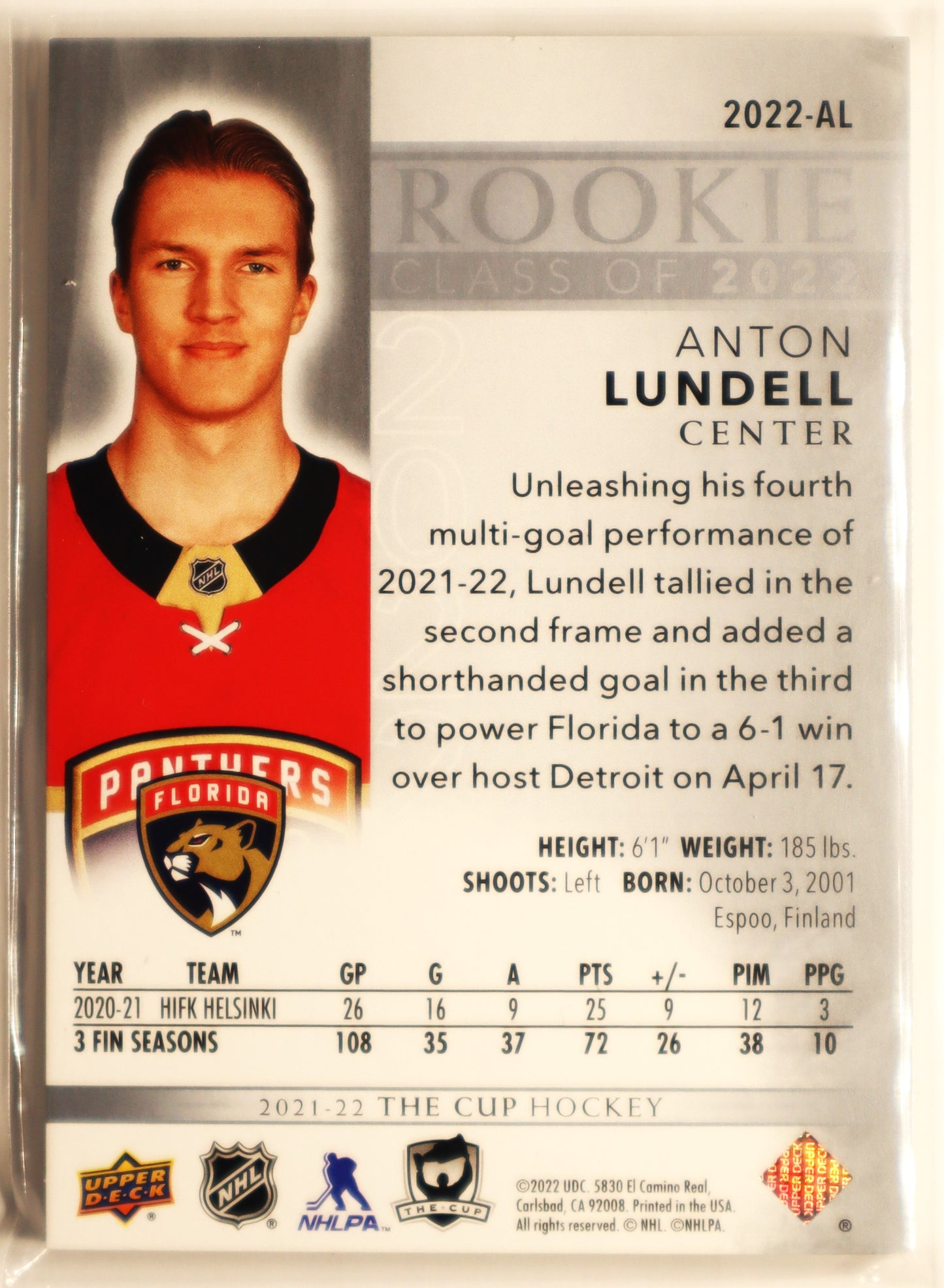 2021-22 The Cup Rookie Class of 2022 #2022AL Anton Lundell 096/249