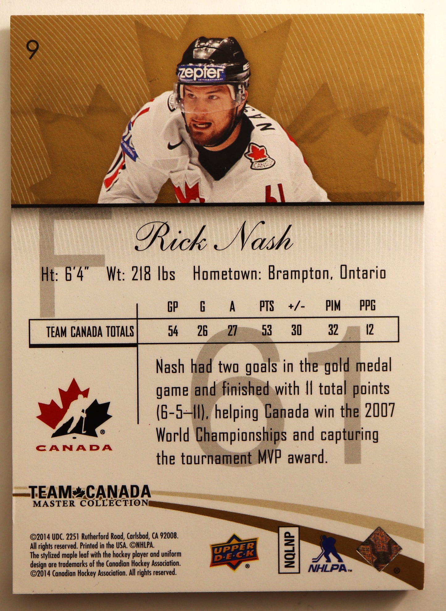 2015-16 Upper Deck Team Canada Master Collection #9 Rick Nash 207/499