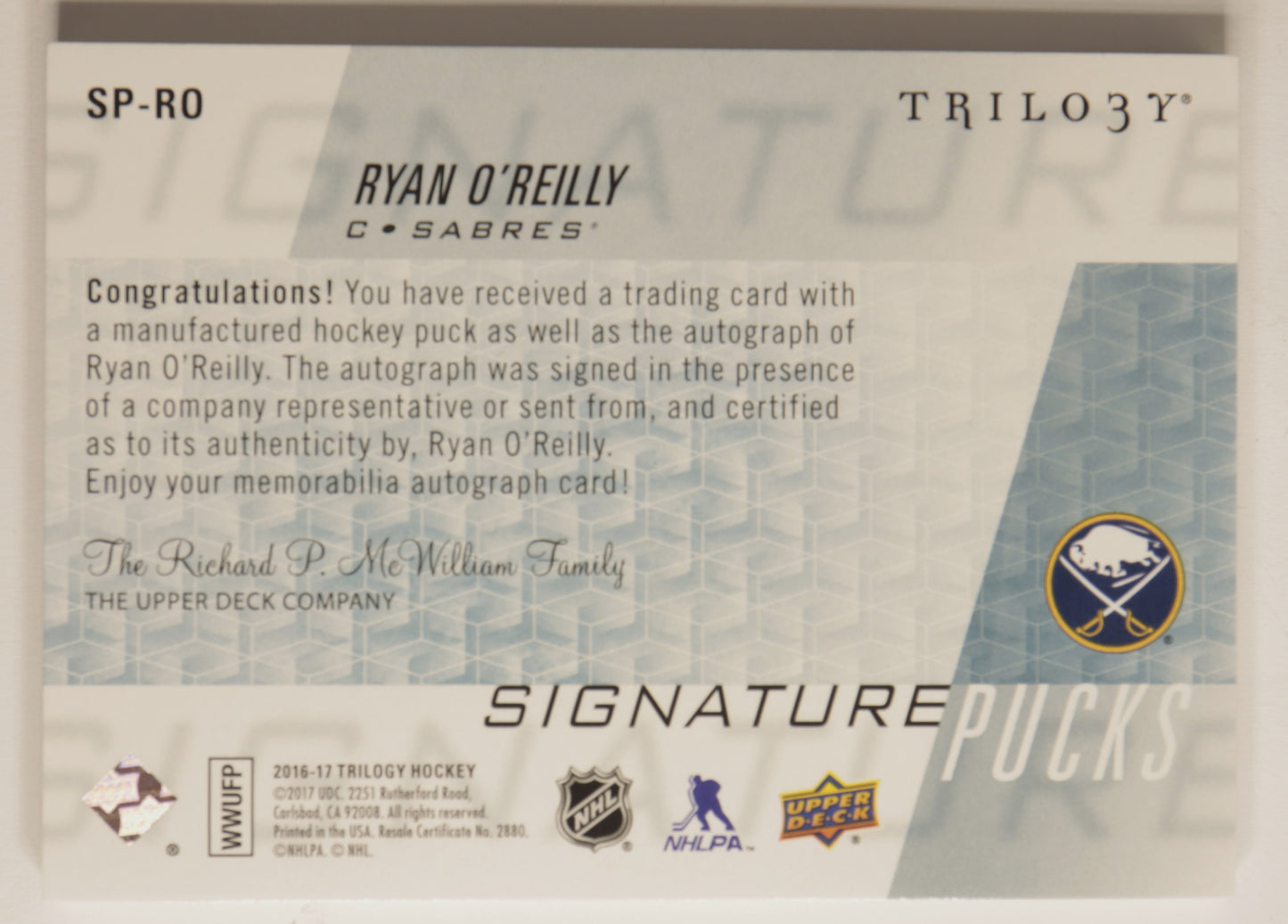 2016-17 Trilogy Signature Pucks SP-RO Ryan O'Reilly