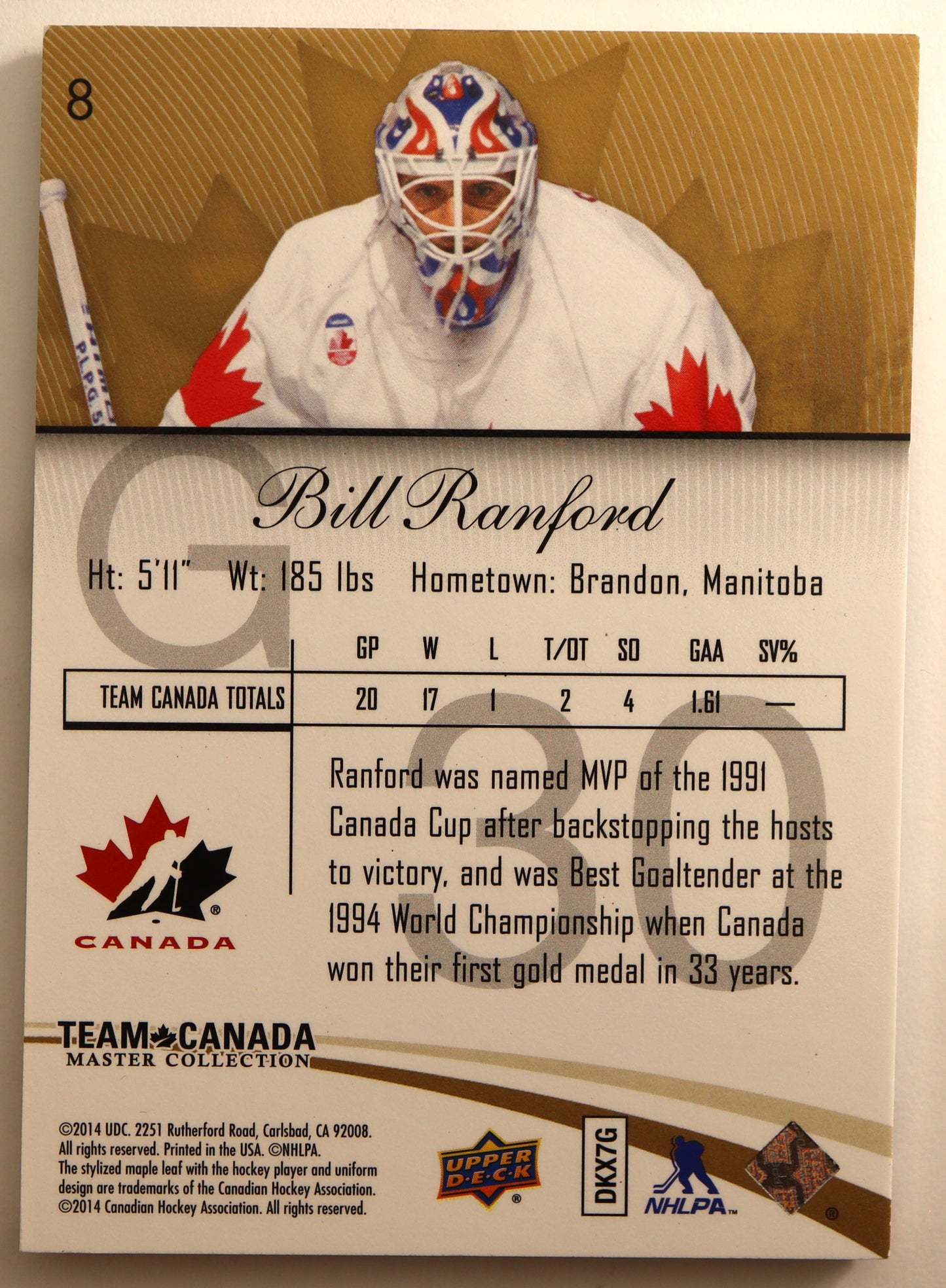 2015-16 Upper Deck Team Canada Master Collection #8 Bill Ranford 419/499