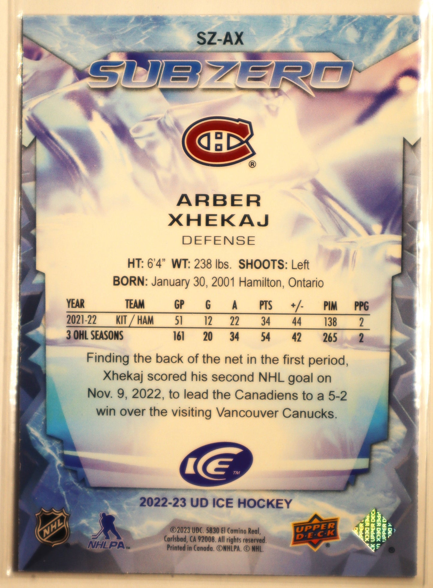 2022-23 Ice Sub Zero Rookies SZ-AX  Arber Xehkaj 109/999