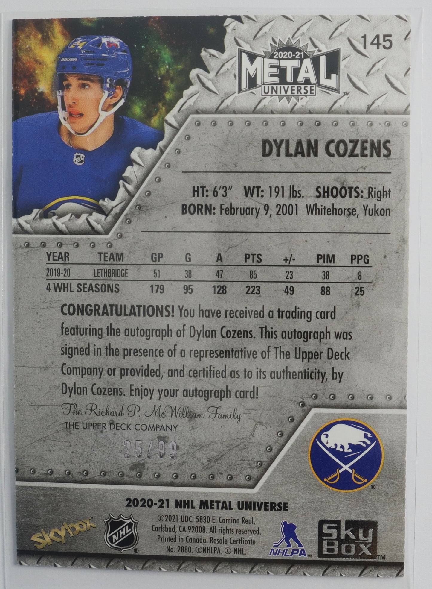 2020-21 Metal Universe Silver #145 Dylan Cozens Autograph 145/99