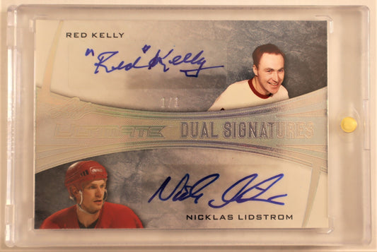 2015-16 Leaf Ultimate Dual Signatures Gold Silver Spectrum #DS16 Red Kelly/Nicklas Lidstrom 1/1