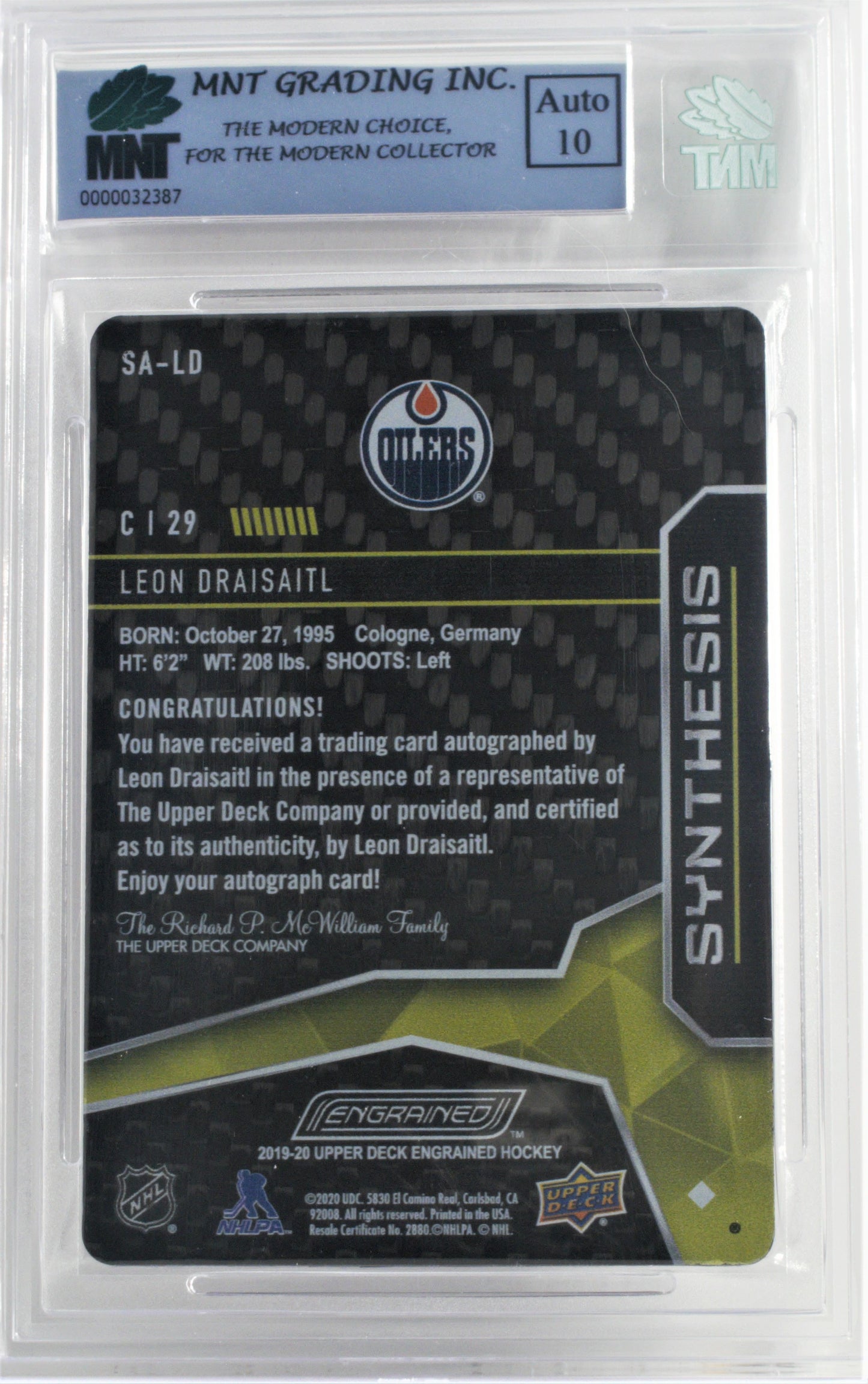 Leon Draisaitl 2019-20 UD Engrained Synthesis Carbon Fiber Auto #SA-LD Grade 8.5 Reverse  view