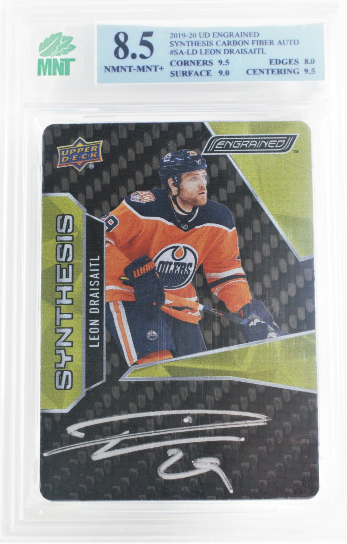 Leon Draisaitl 2019-20 UD Engrained Synthesis Carbon Fiber Auto #SA-LD  Grade 8.5 Front view