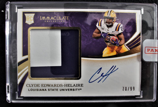 Clyde Edwards-Helaire 2020 Immaculate Collection Collegiate Premium Patches Rookie Autographs #146 70/99 EXCH Front view  