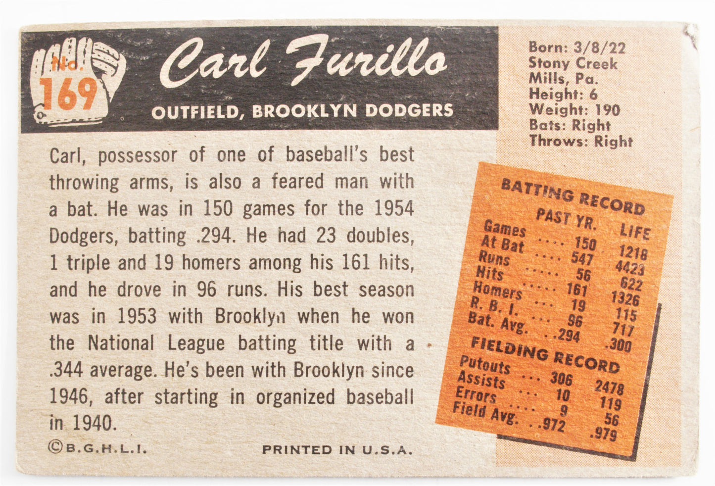 1955 Bowman #169 Carl Furillo