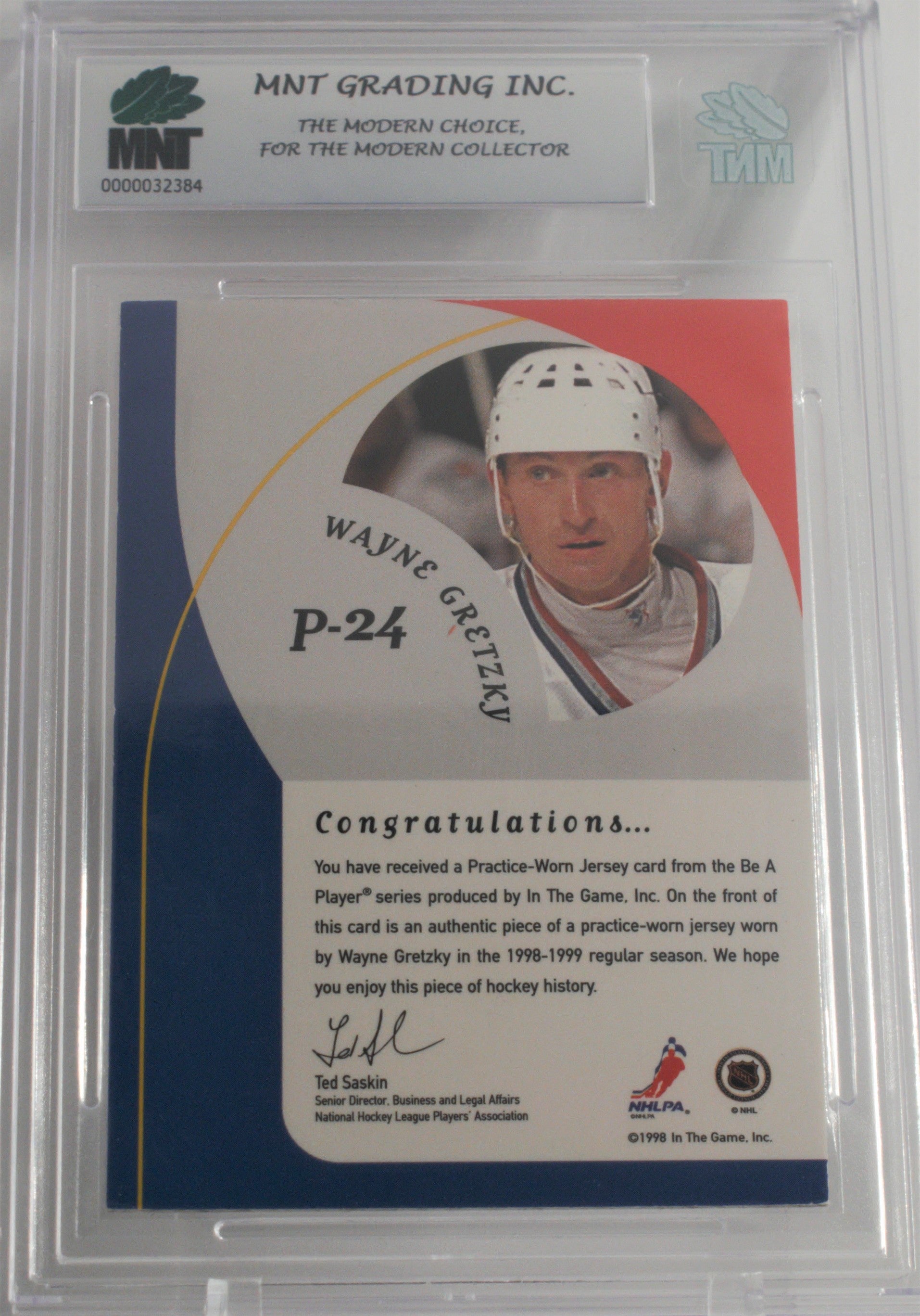 Wayne Gretzky 2015 Leaf Best of Hockey 1998-99 ITG Be a Player Jersey #P-24 1/1 Grade 7.5 Reverse  view