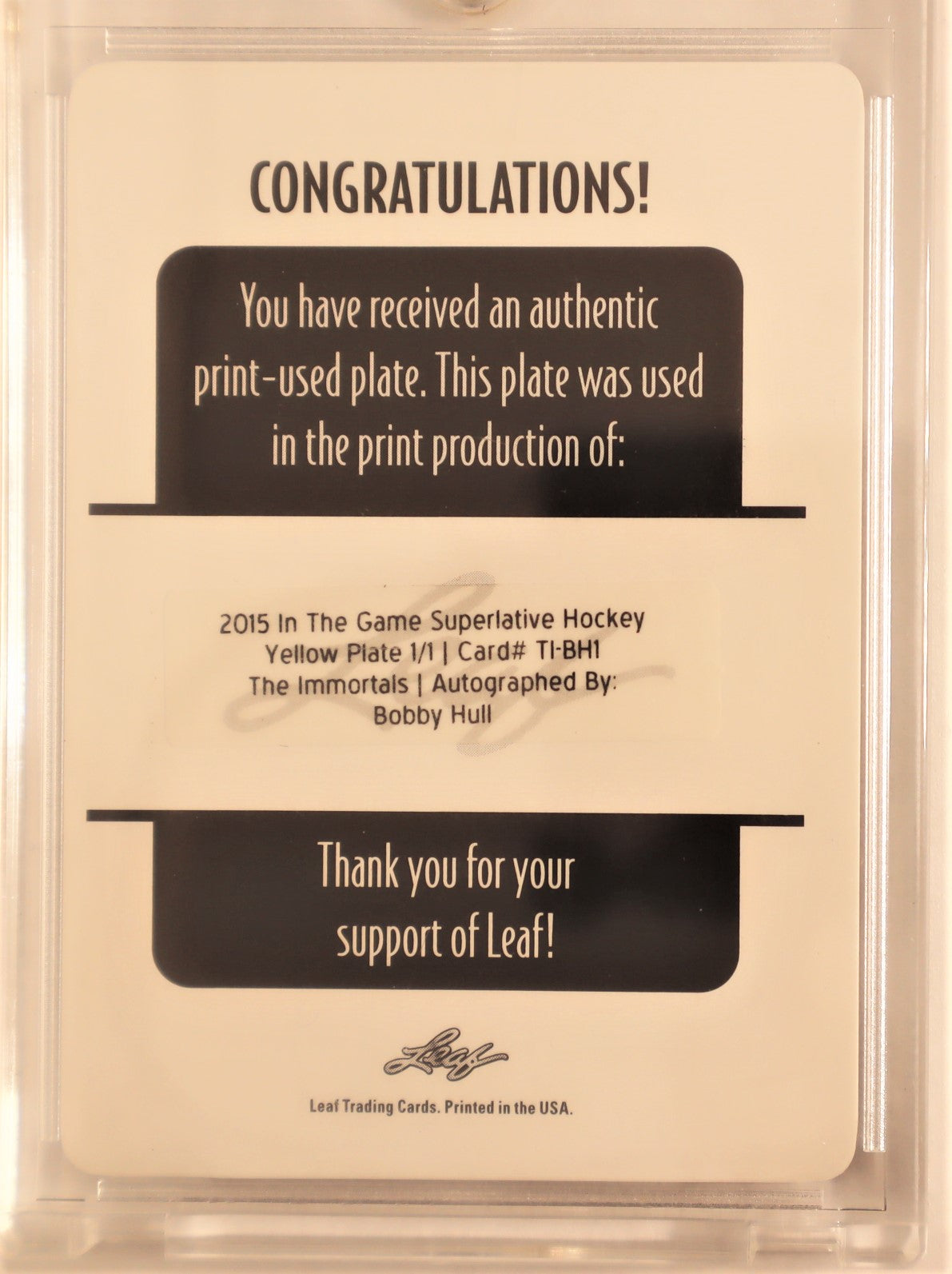 2015-16 ITG Superlative Immortals Autographs Printing Plates Yellow #TIBH1 Bobby Hull 1/1