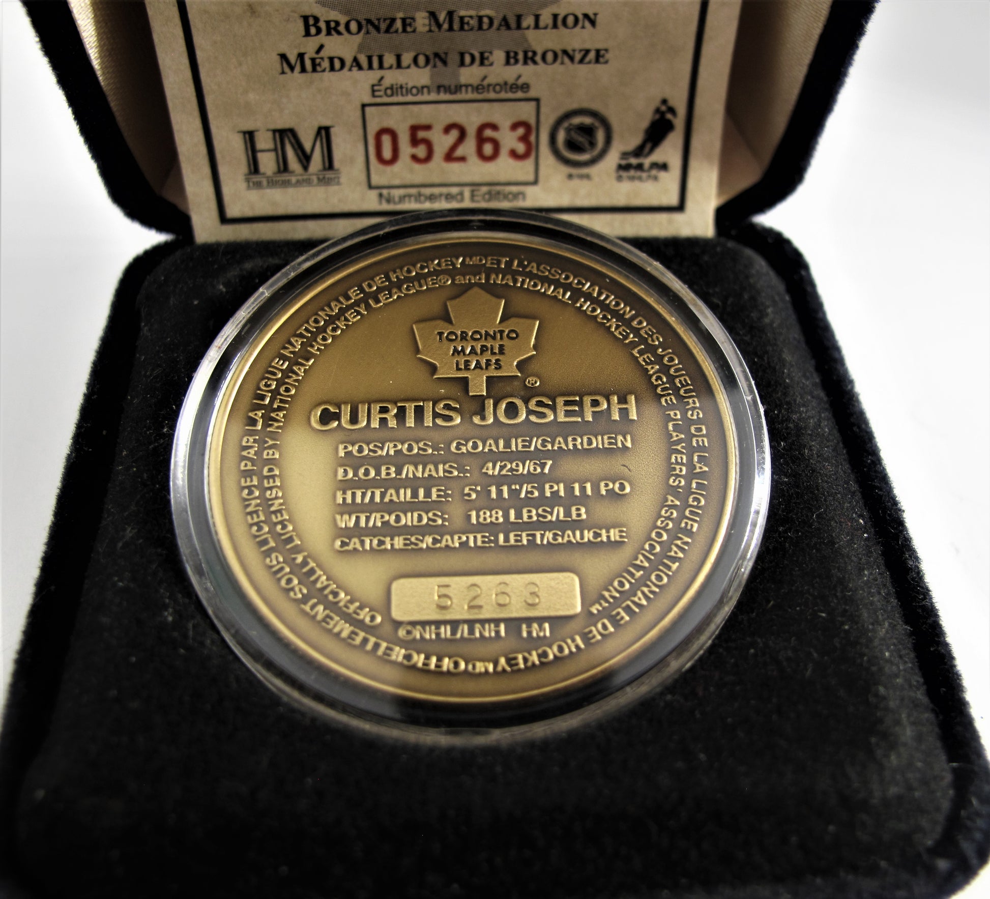 Curtis Joseph Bronze Medallion # 05263 Close up of reverse  view