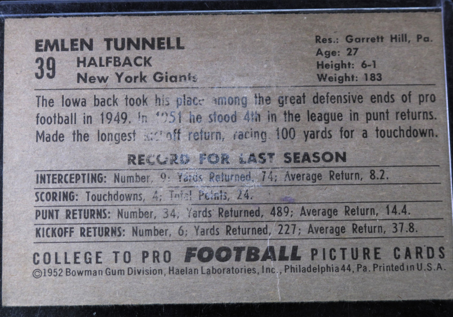 1952 Bowman Large #39 Emlen Tunnell