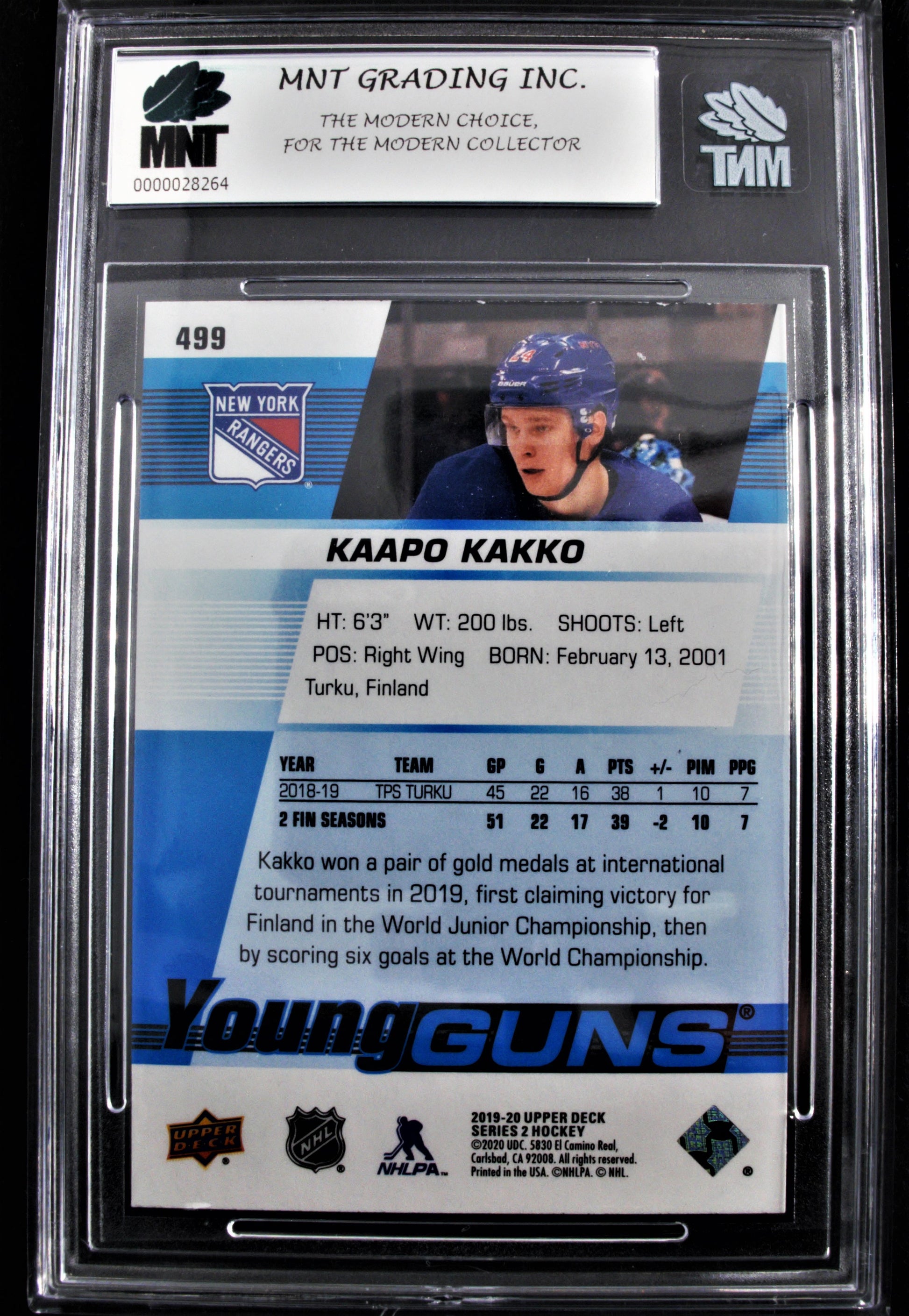 Kaapo Kakko 2019-20 UD Series 2 Young Guns #499 Grade 8.0 Reserve  view