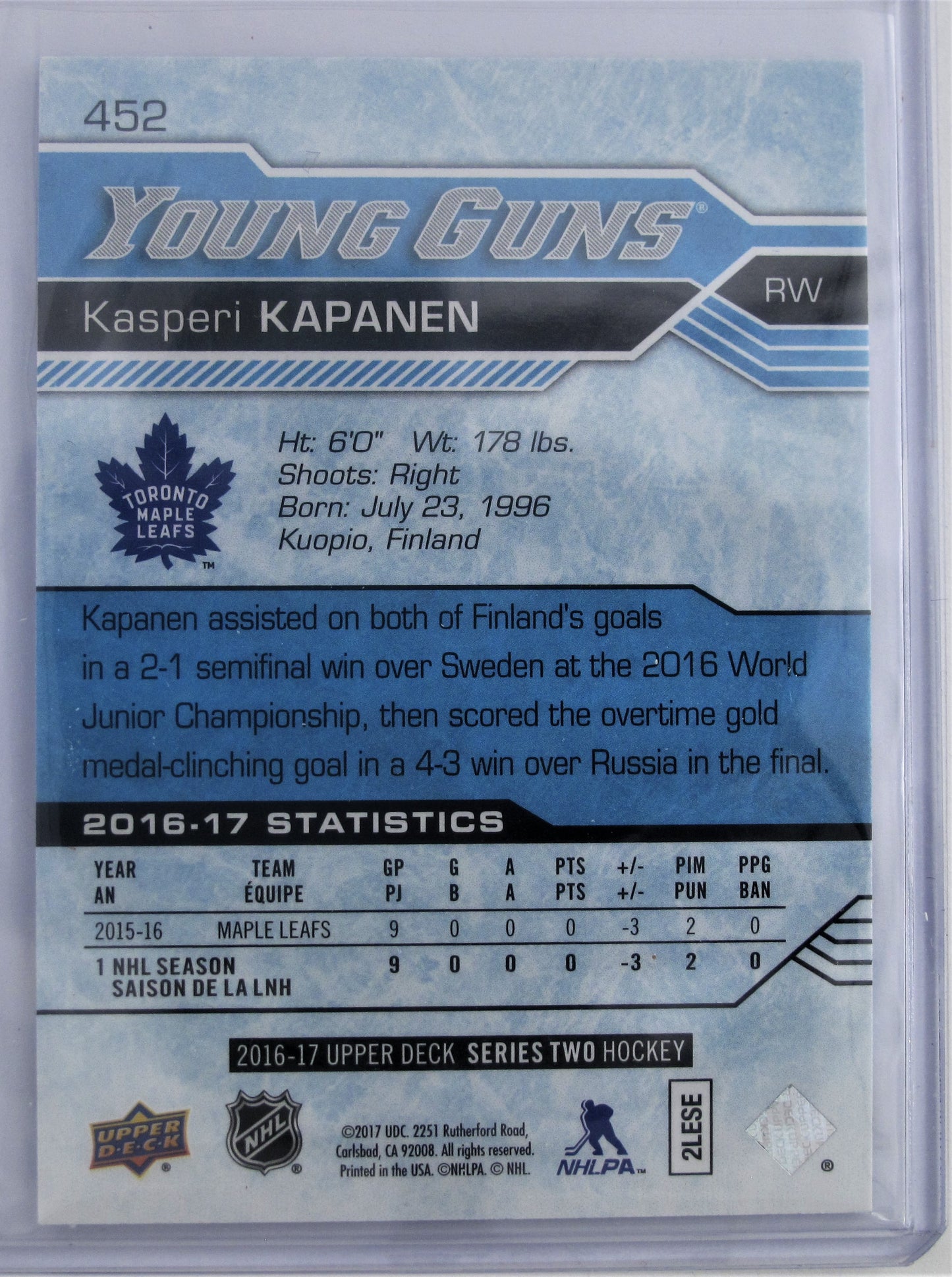 2016-17 Upper Deck #452 Kasperi Kapanen YG RC