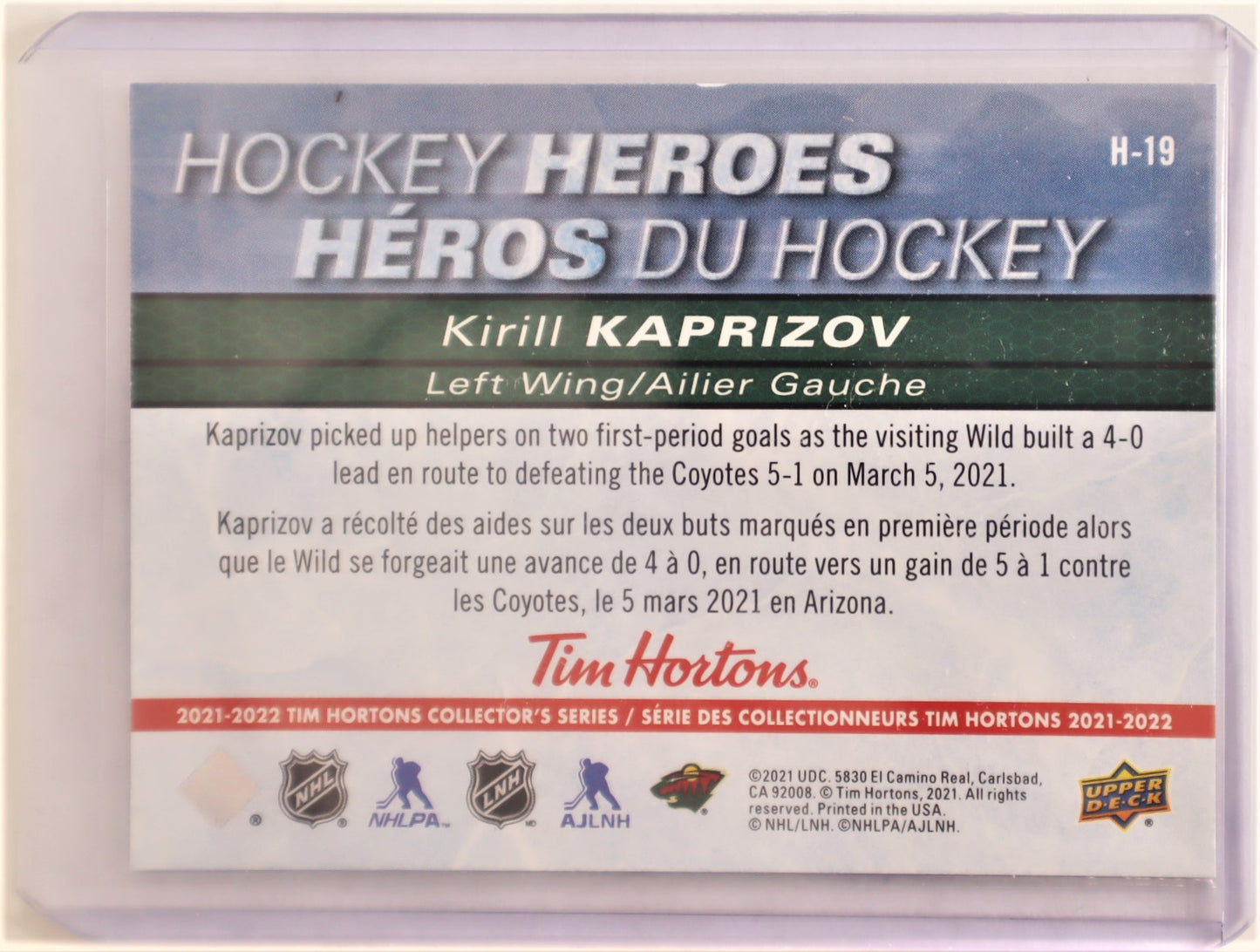 2021-22 Upper Deck Tim Hortons Hockey Heroes #H19 Kirill Kaprizov