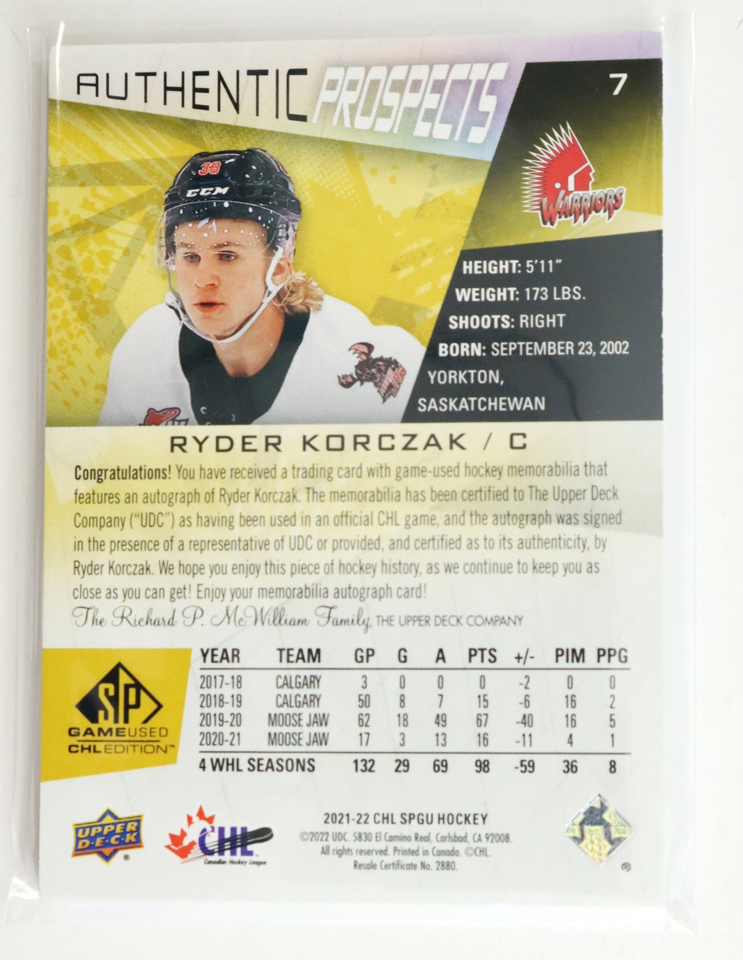 2021-22 SP Game Used CHL Patch Autographs Gold #7 Ryder Korczak 14/49