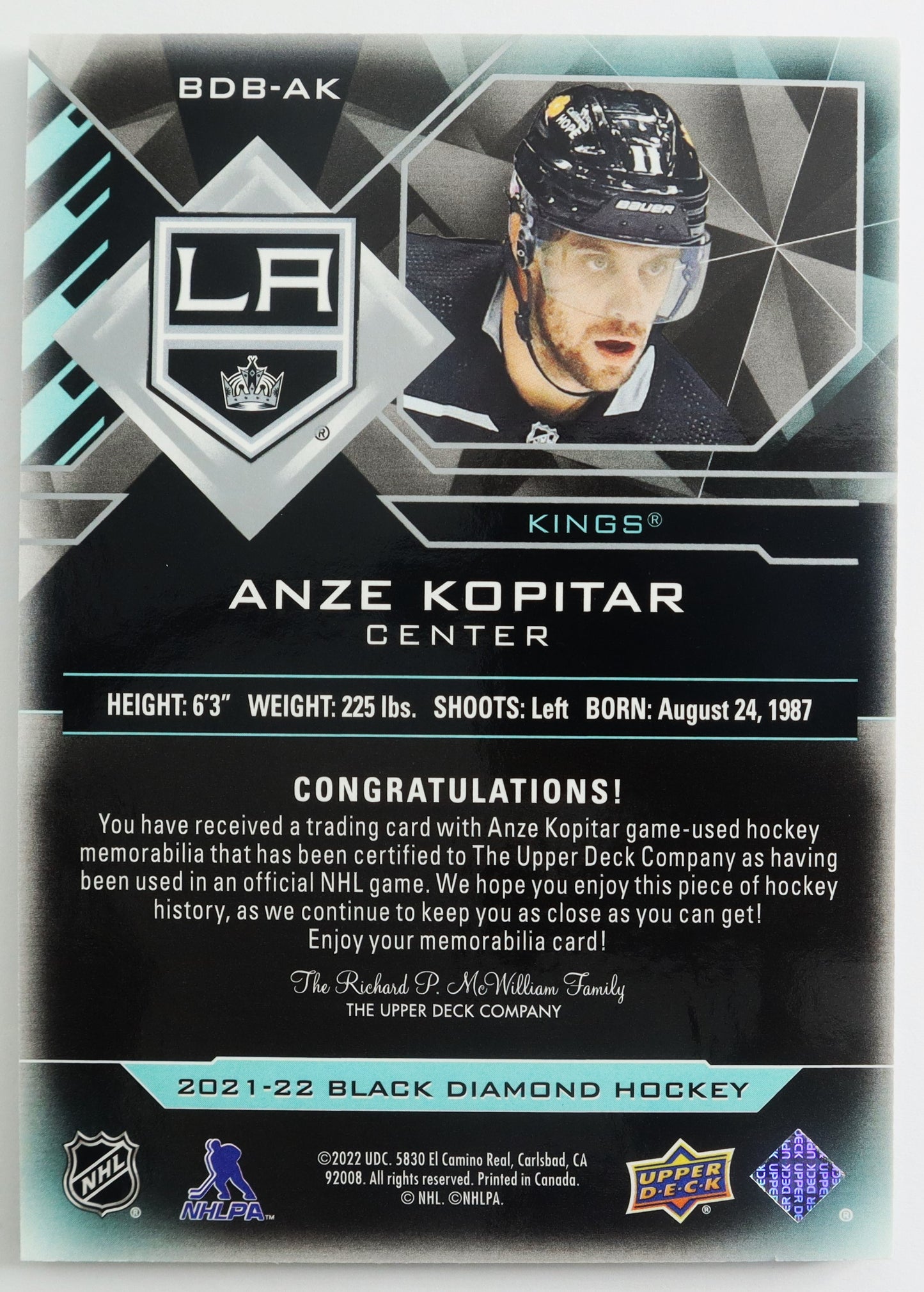 2021-22 Black Diamond Premium Relics #BDB-AK Anze Kopitar 45/50