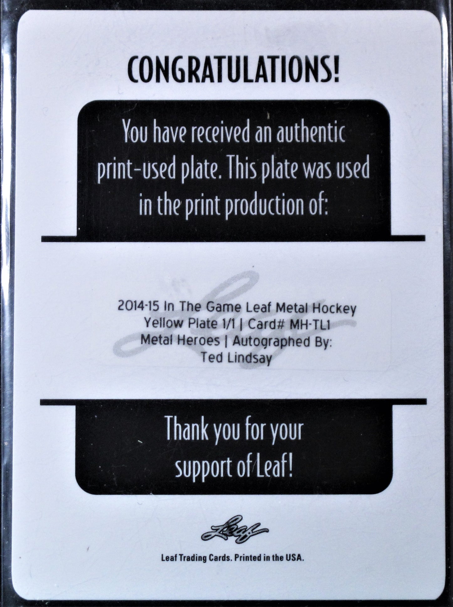 2014-15 ITG Leaf Metal Heroes Printing Plates Yellow #MHTL1 Ted Lindsay 1/1