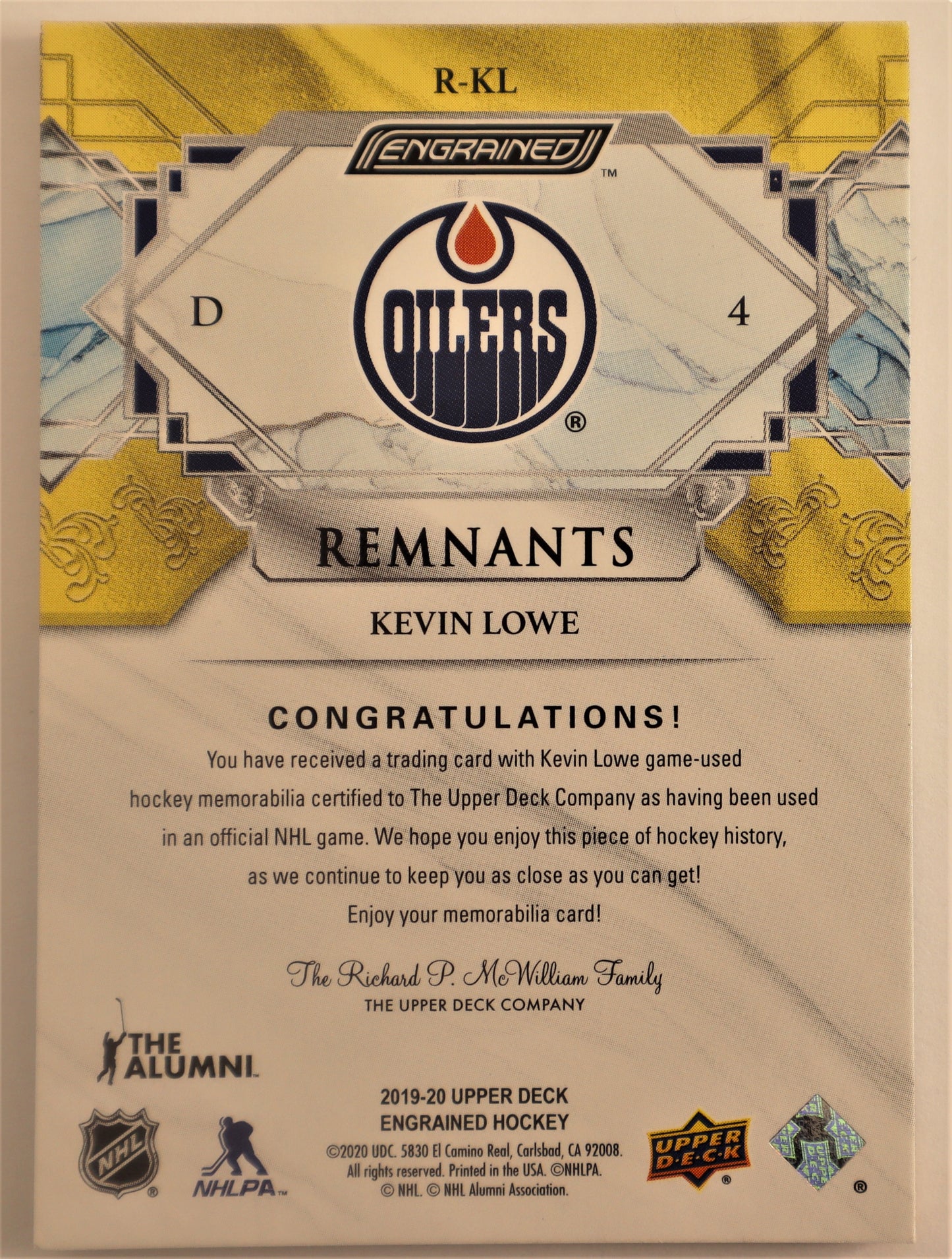 2018-19 Upper Deck Engrained Remnants #R-KL Kevin Lowe 053/100