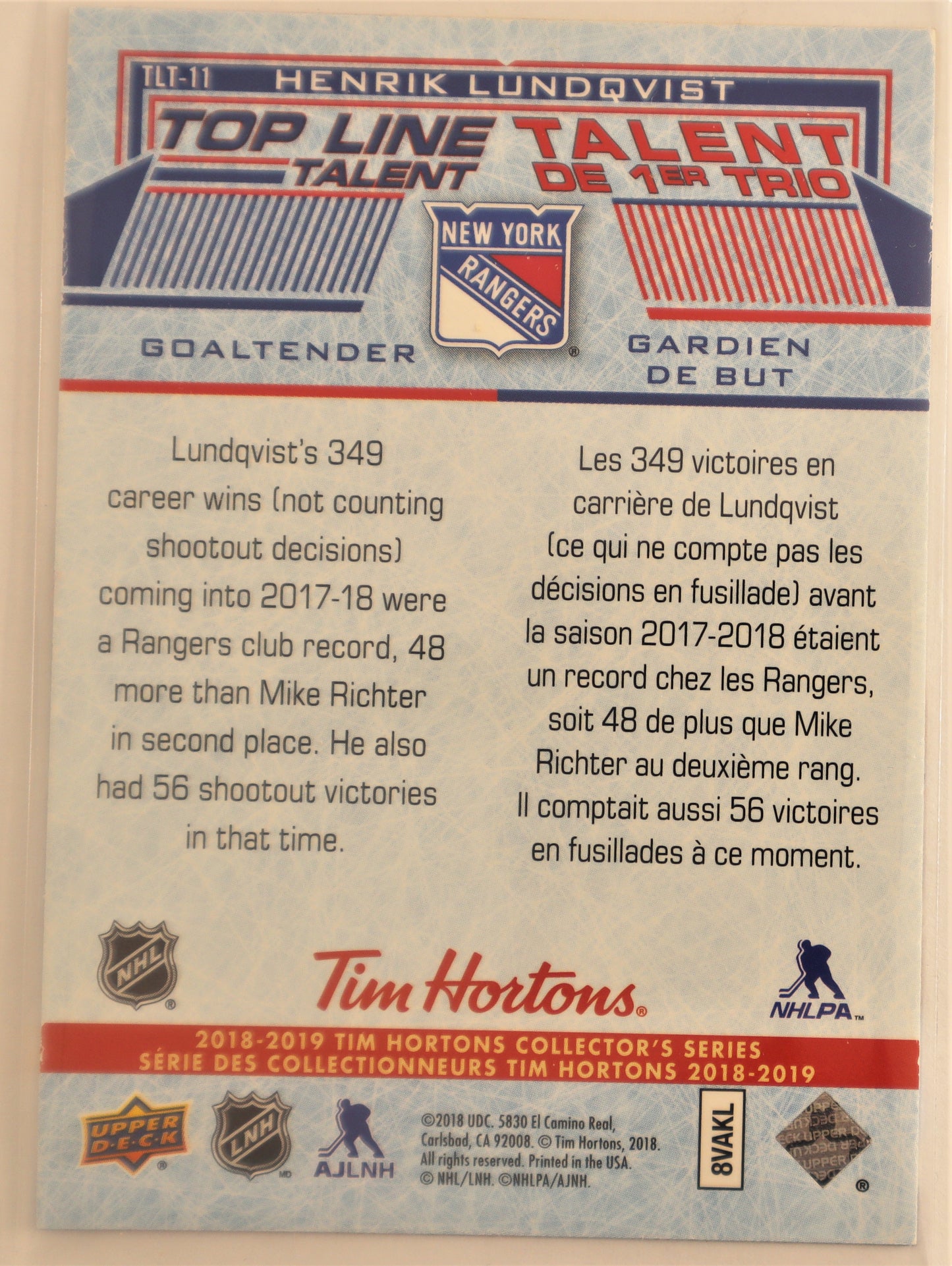 2018-19 Upper Deck Tim Hortons Top Line Talents #TLT-11 Henrik Lundqvist