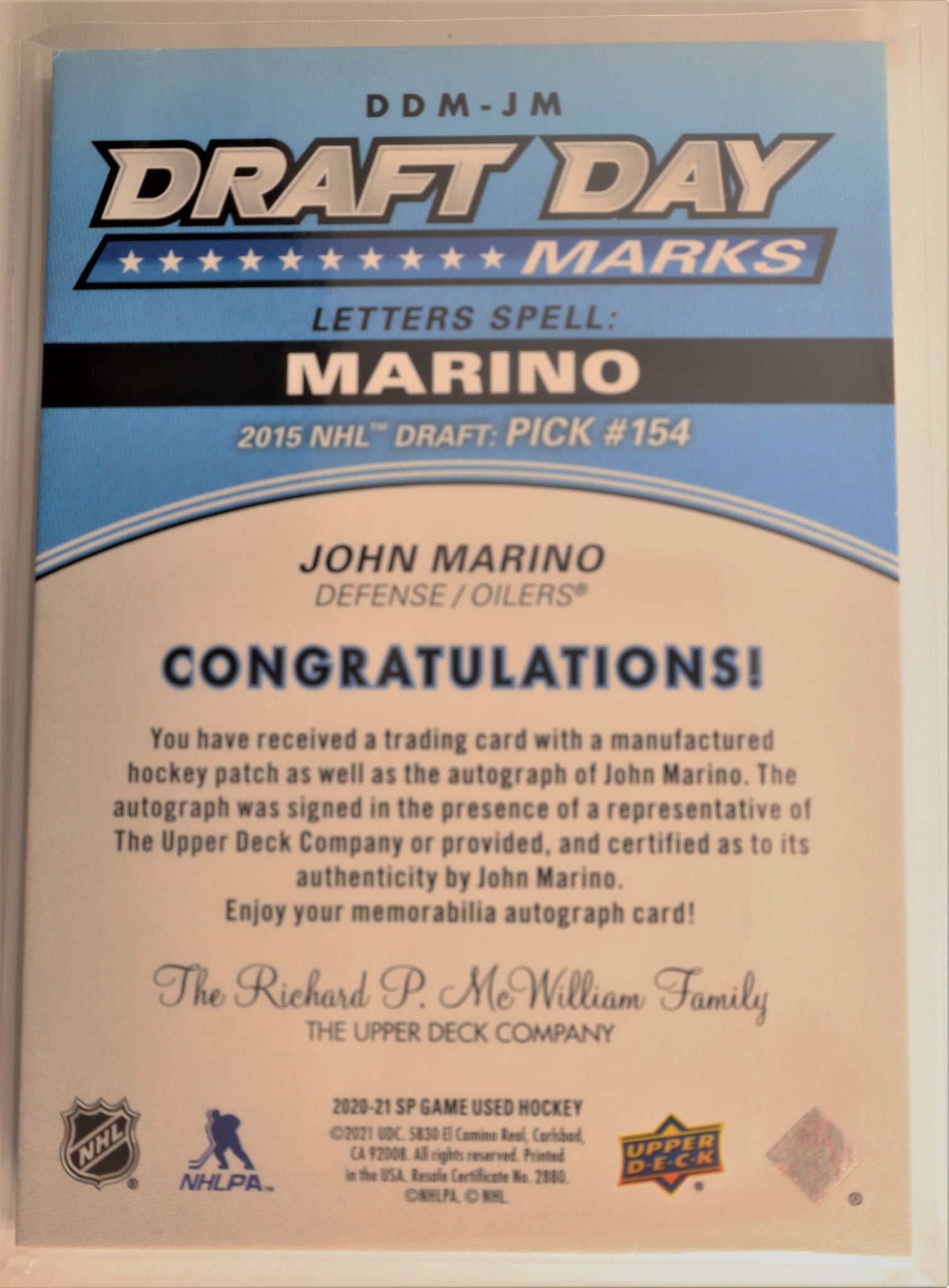 2020-21 Upper Deck SP Game Used - Draft Day Marks Rookies #DDM-JM - John  Marino /35