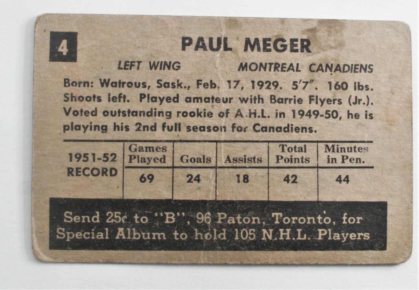 Paul Meger 1952-53 Parkhurst #4 Reverse  view