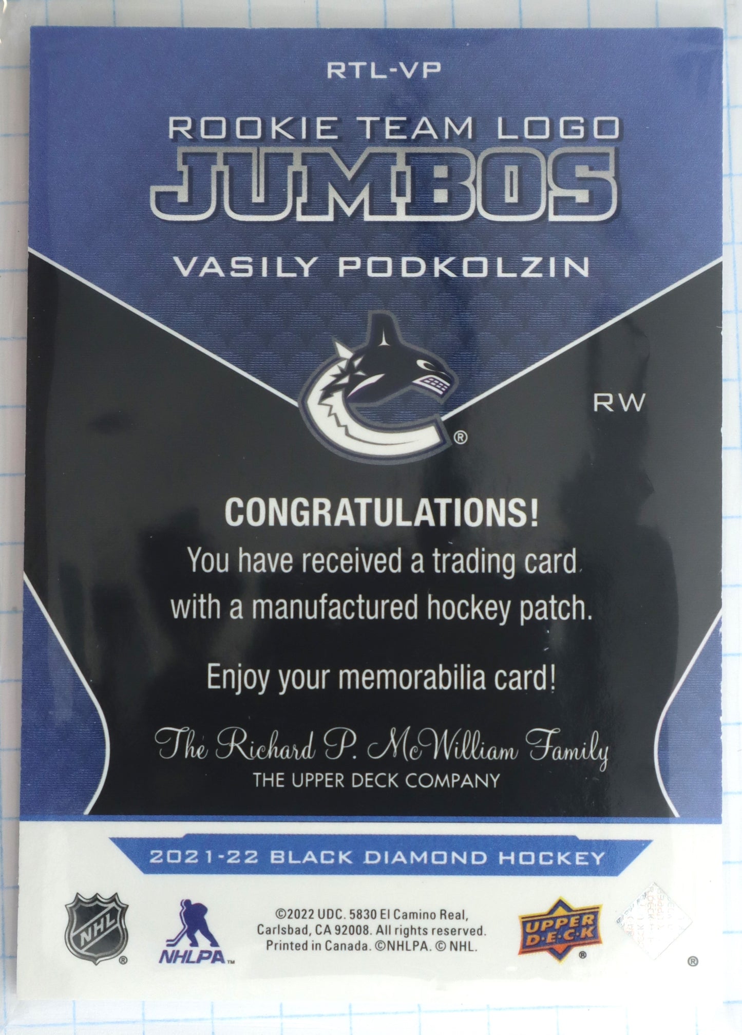 2021-22 Black Diamond Rookie Team Logo Jumbo Puzzle Patches #RTL-VP Vasily Podkolzin