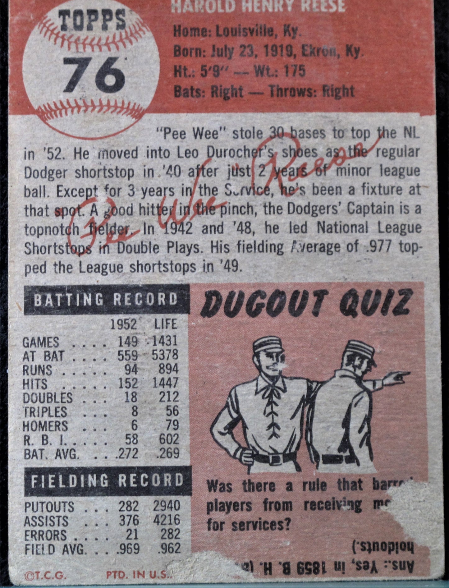 1953 Topps #76 Pee Wee Reese