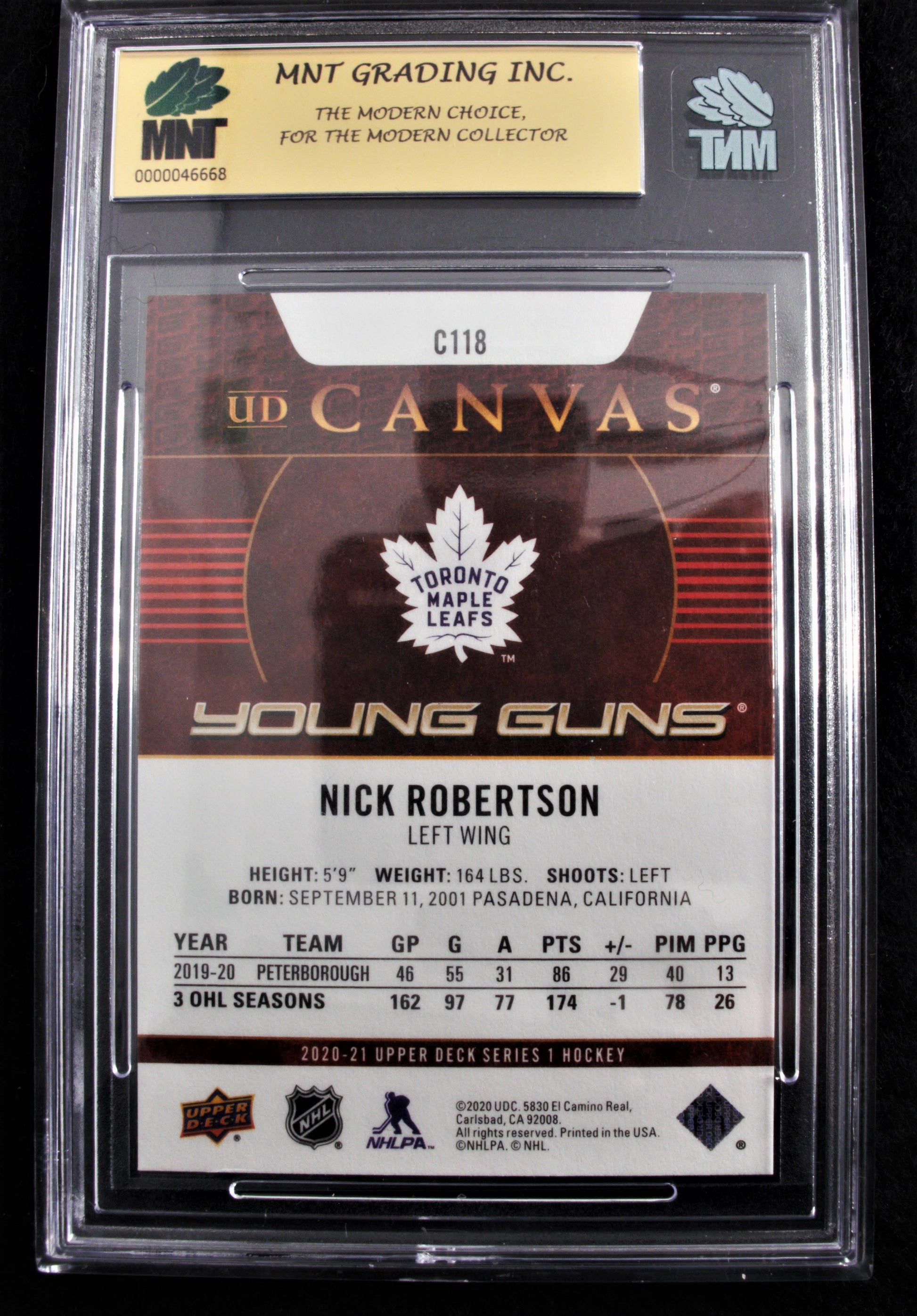 Nick Robertson 2020-21 UD Series 1 Canvas Young Guns #C118 Grade 9.5 Reverse  view