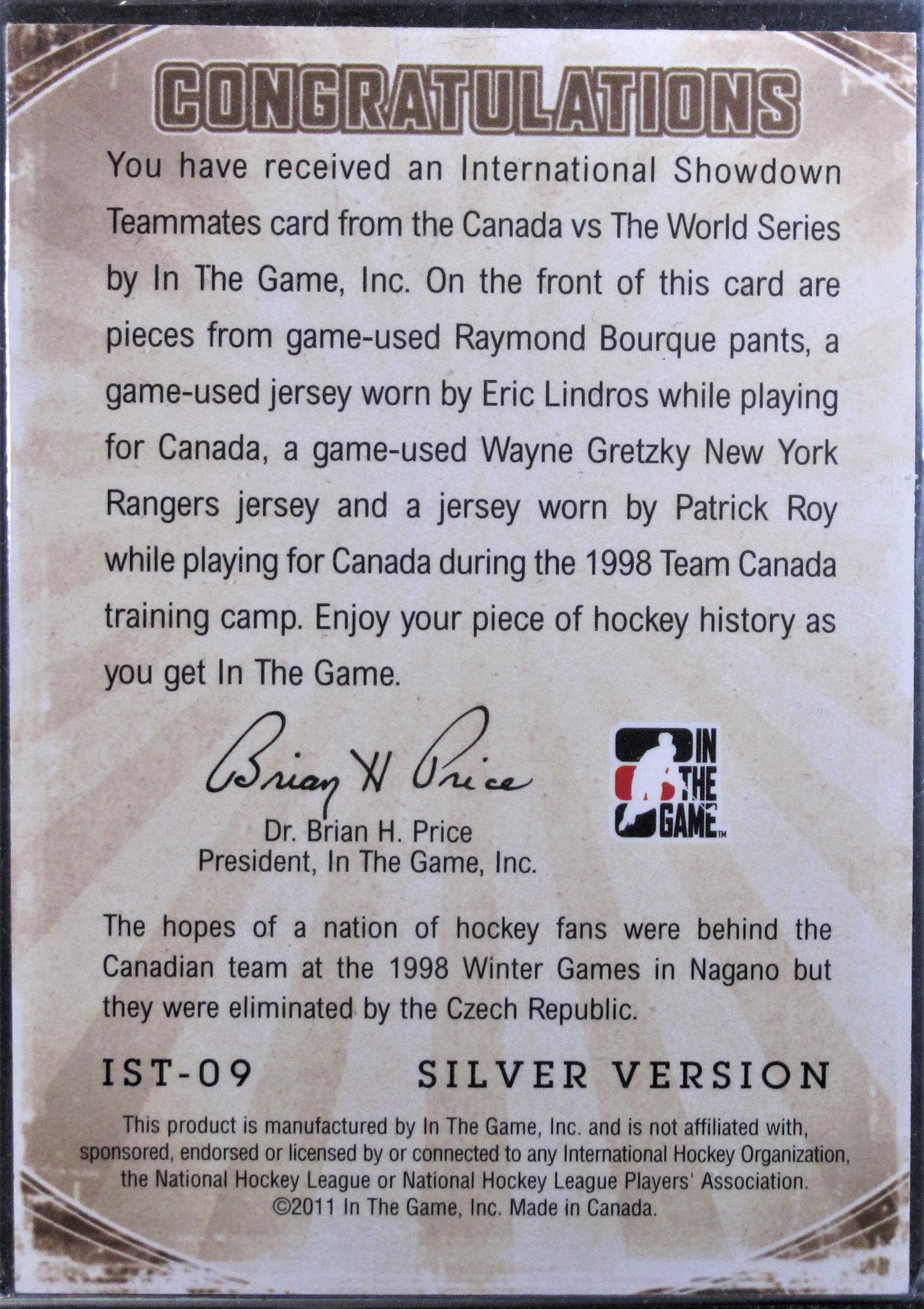 2011-12 ITG Canada vs The World International Showdown Teammates Silver #IST09 Ray Bourque/Eric Lindros/Wayne Gretzky/Patrick Roy