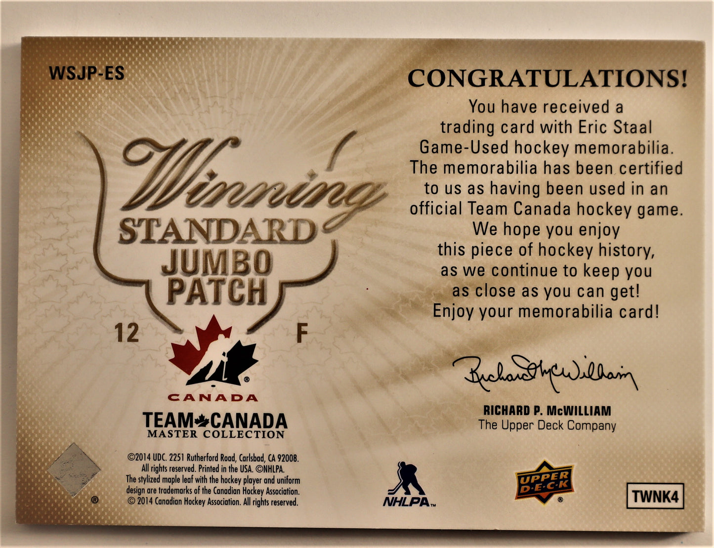 2015-16 Upper Deck Team Canada Master Collection Winning Standard Jerseys Jumbo Patch #WSJP-ES Eric Staal 07/10