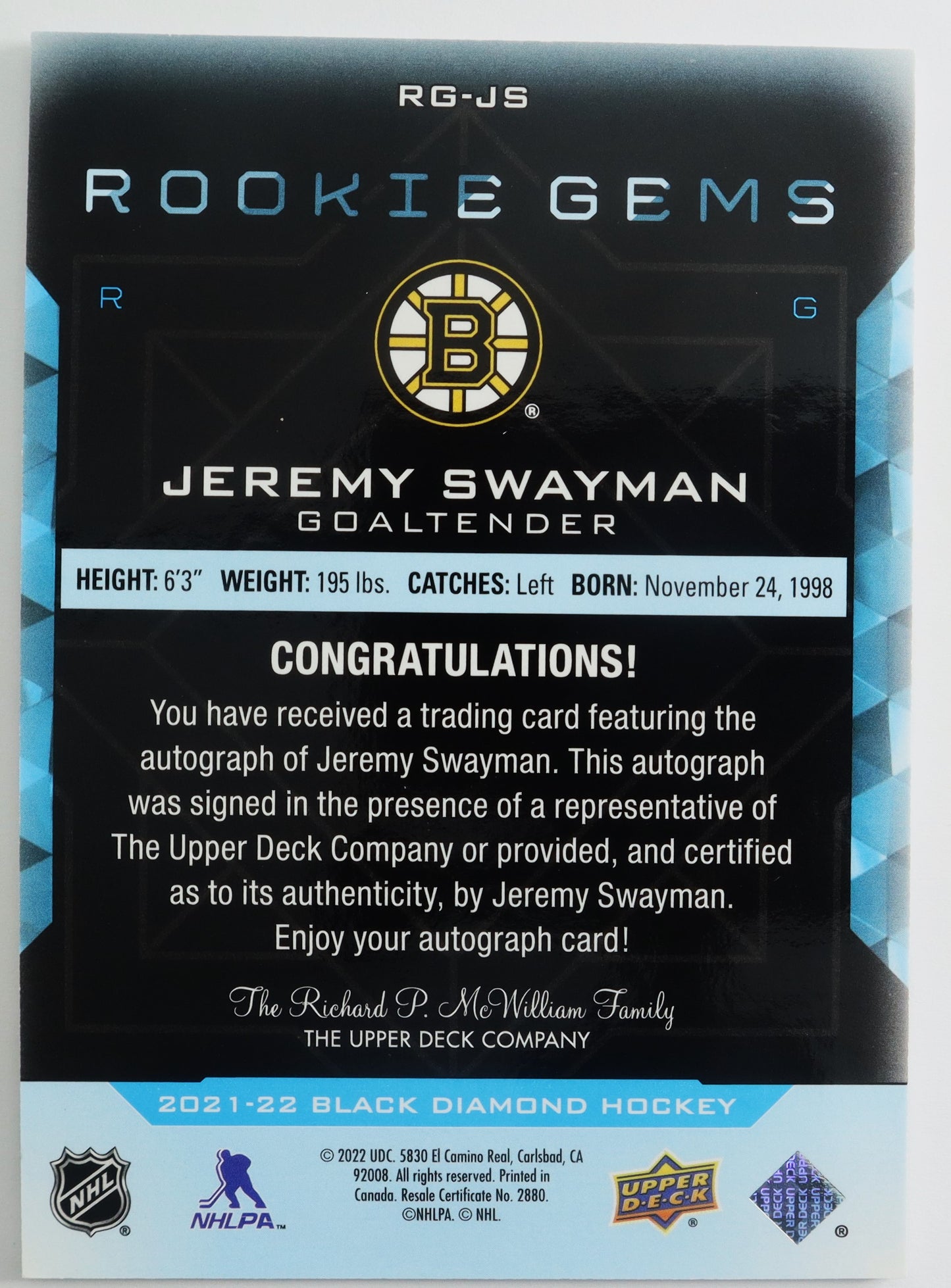 2021-22 Black Diamond Rookie Gems Pure Black Signatures #RG-JS Jeremy Swayman  041/199